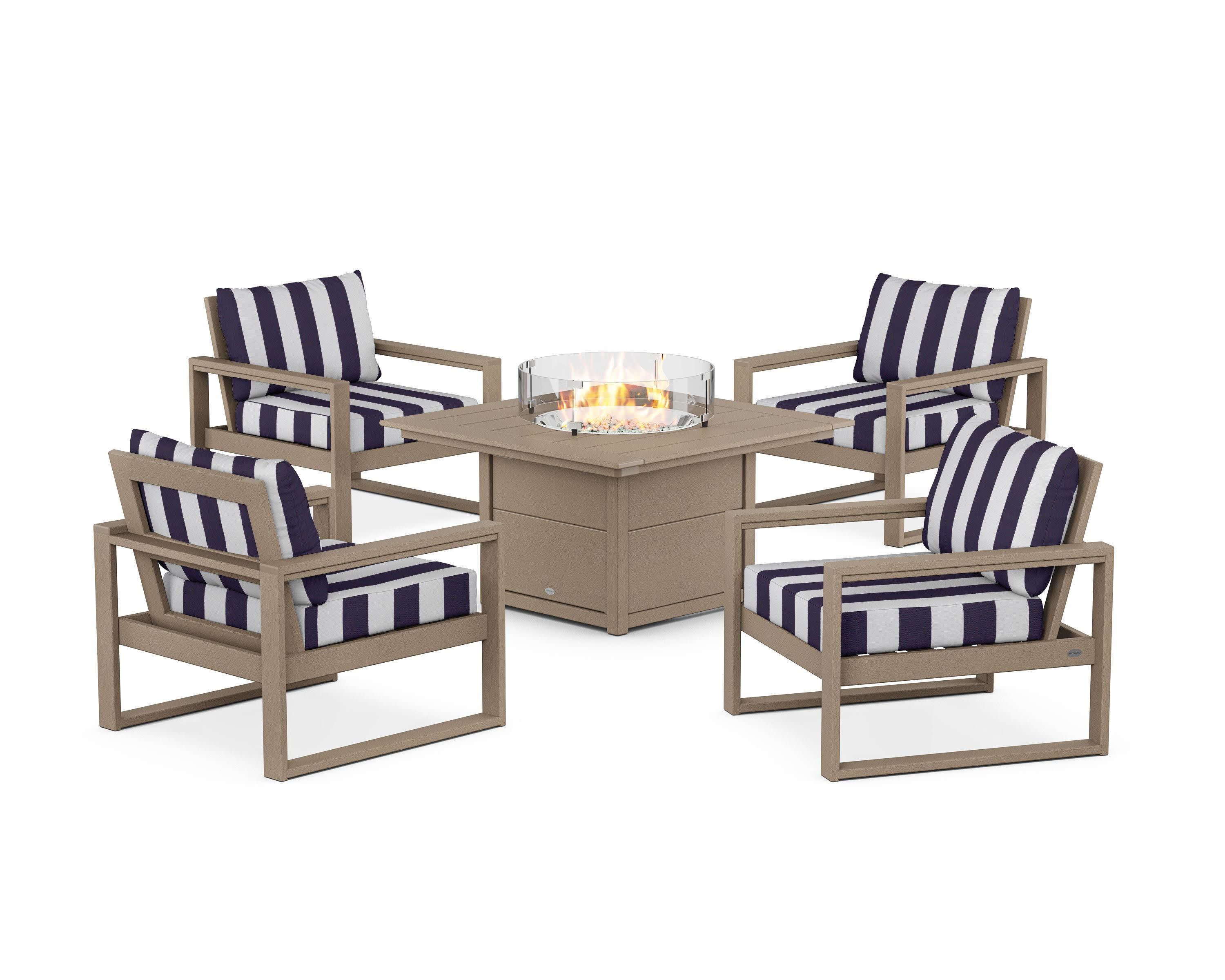 EDGE Sectional 5-Piece Deep Seating Set with Fire Pit Table in Vintage Sahara / Cabana Stripe Navy