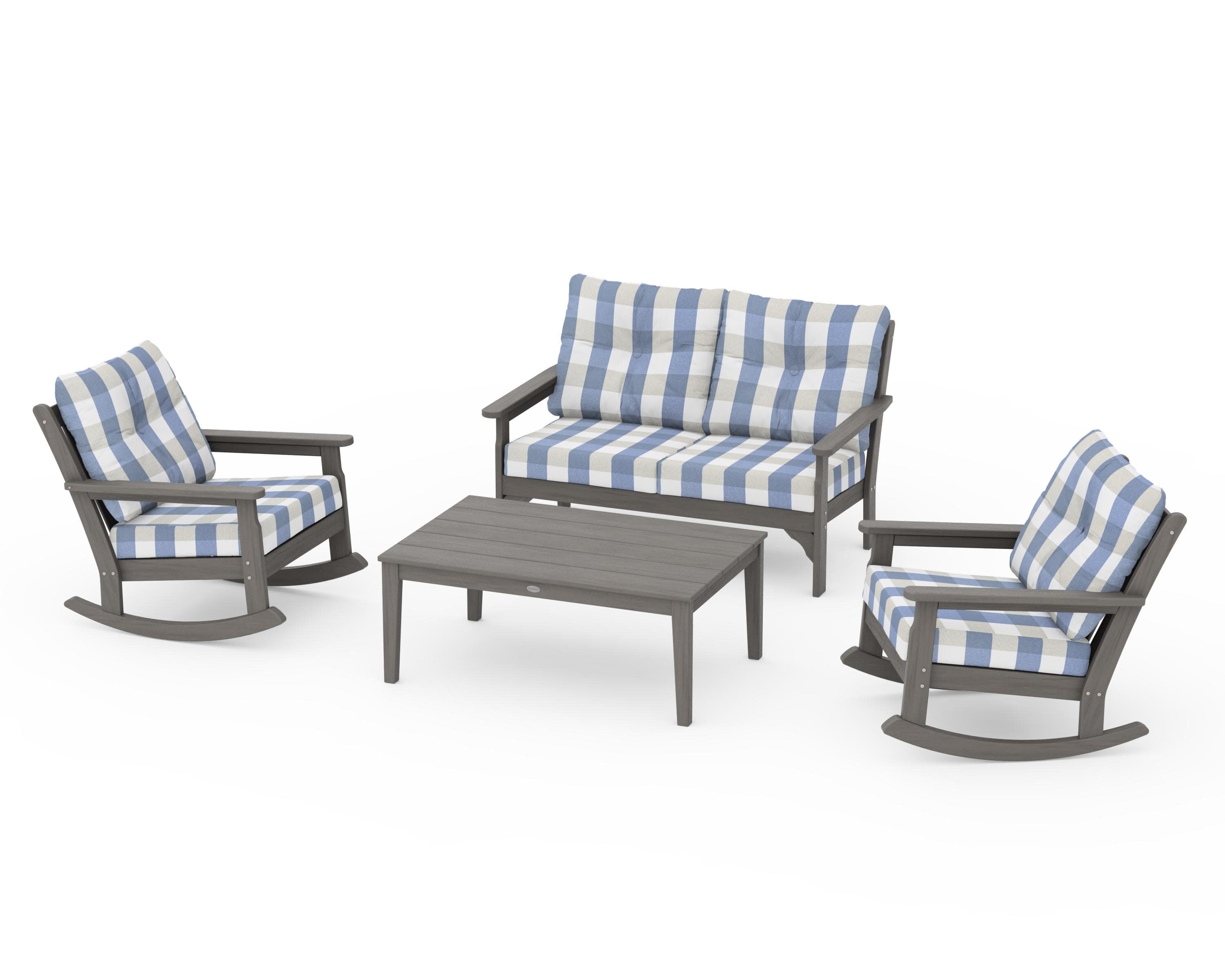 Vineyard 4-Piece Deep Seating Rocking Chair Set in Driftwood / Buffalo Plaid Sky Blue