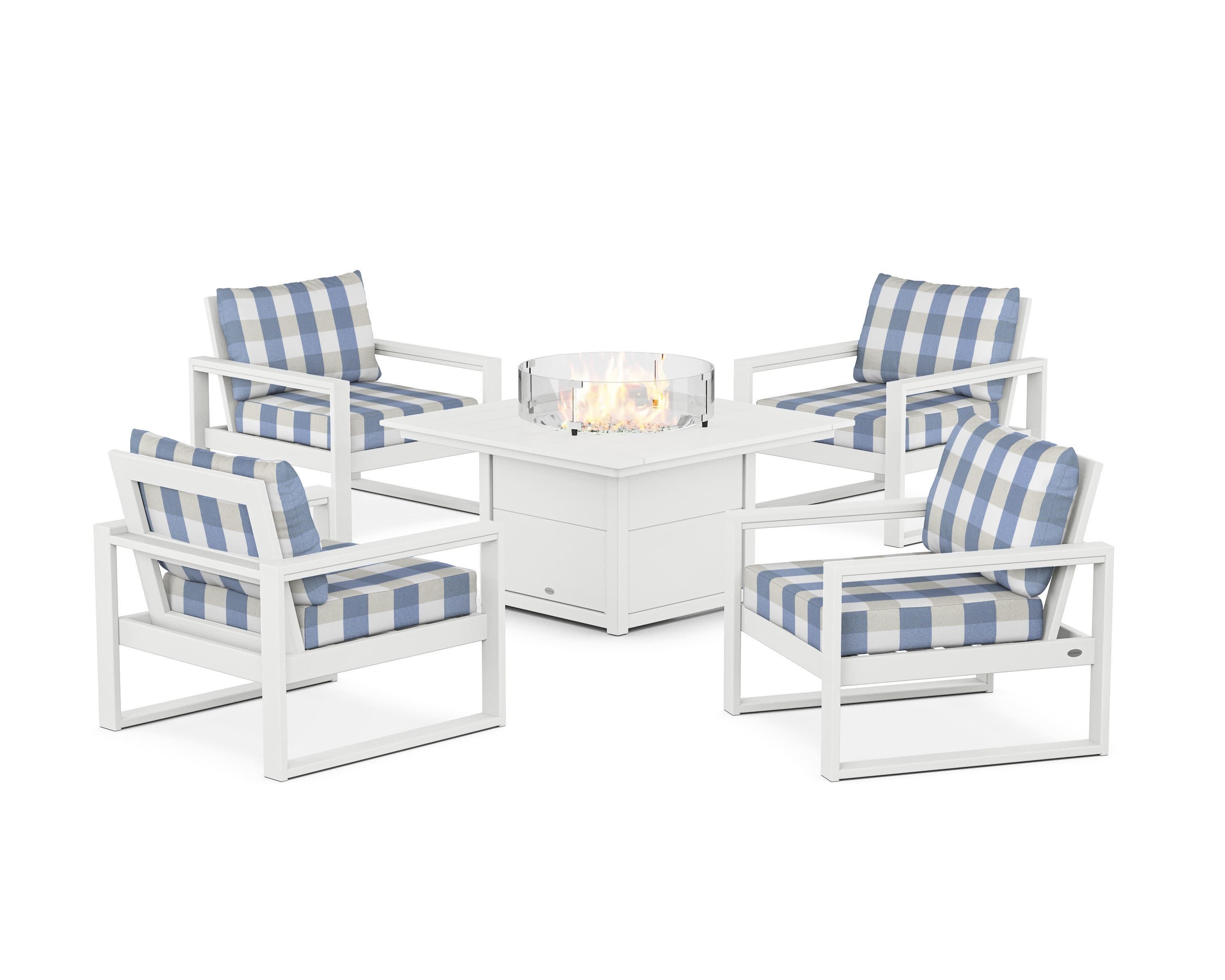 EDGE Sectional 5-Piece Deep Seating Set with Fire Pit Table in White / Buffalo Plaid Sky Blue