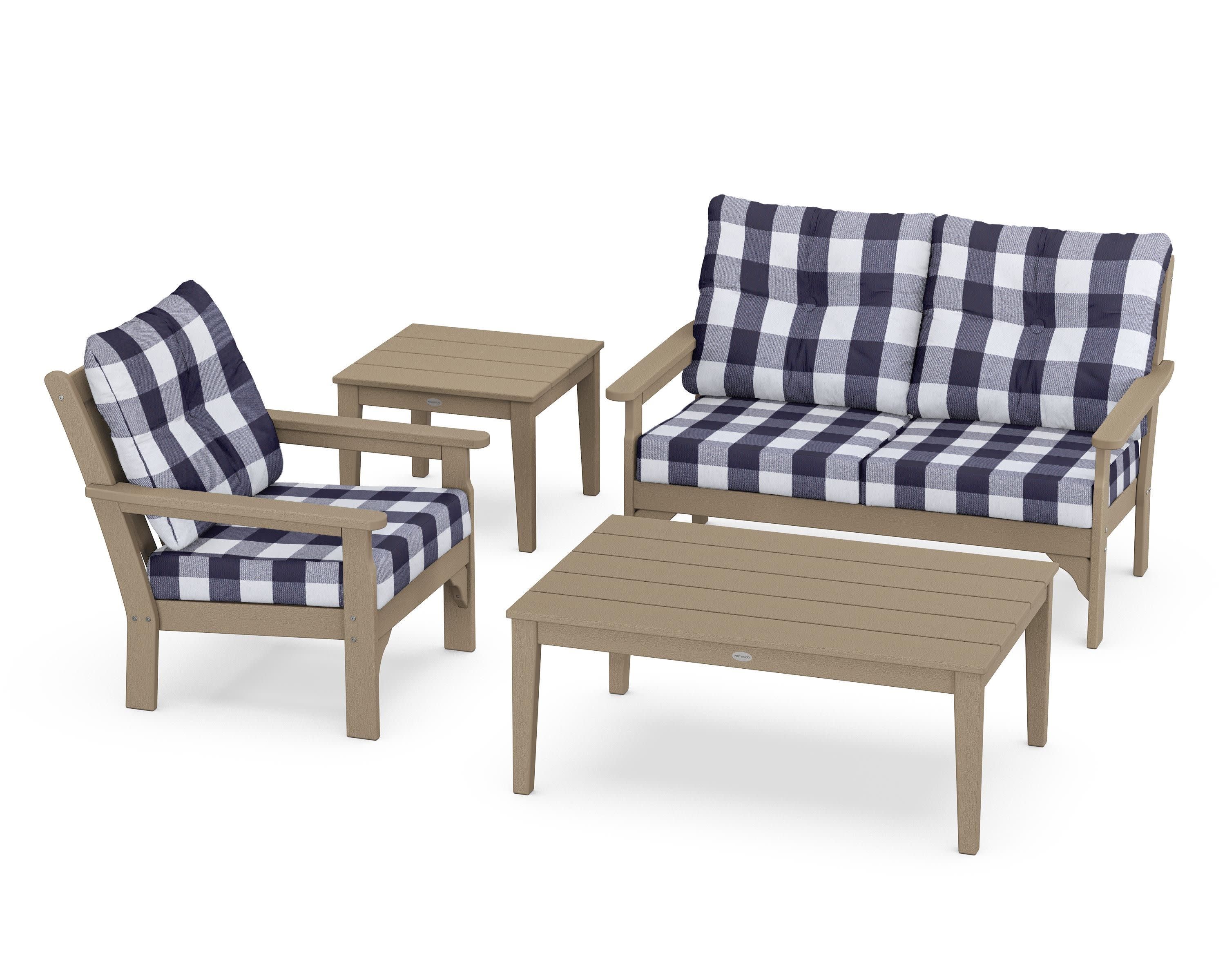 Vineyard 4-Piece Deep Seating Set in Vintage Sahara / Buffalo Plaid Navy