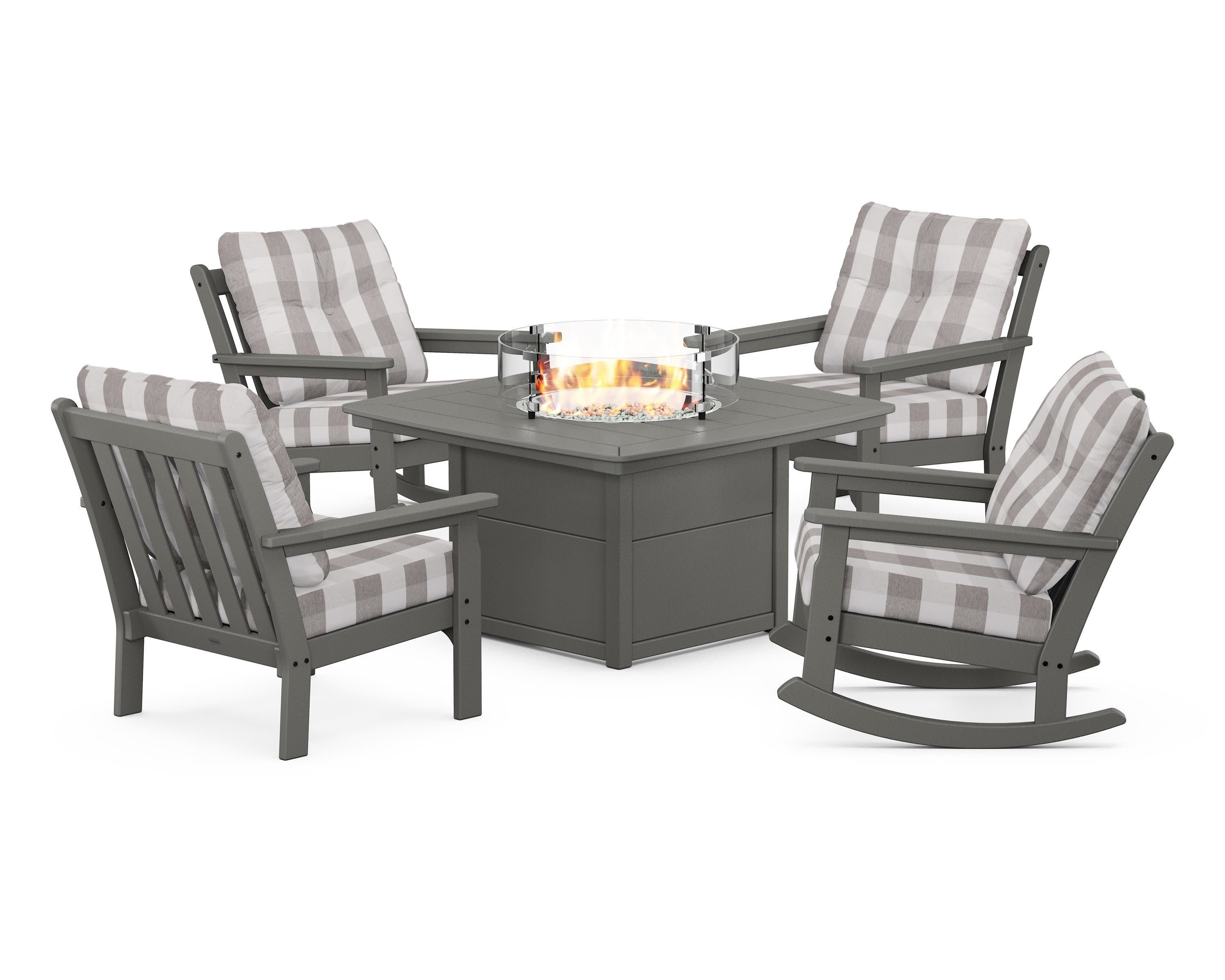 Vineyard 5-Piece Deep Seating Rocking Chair Conversation Set with Fire Pit Table in Slate Grey / Buffalo Plaid Grey Mist