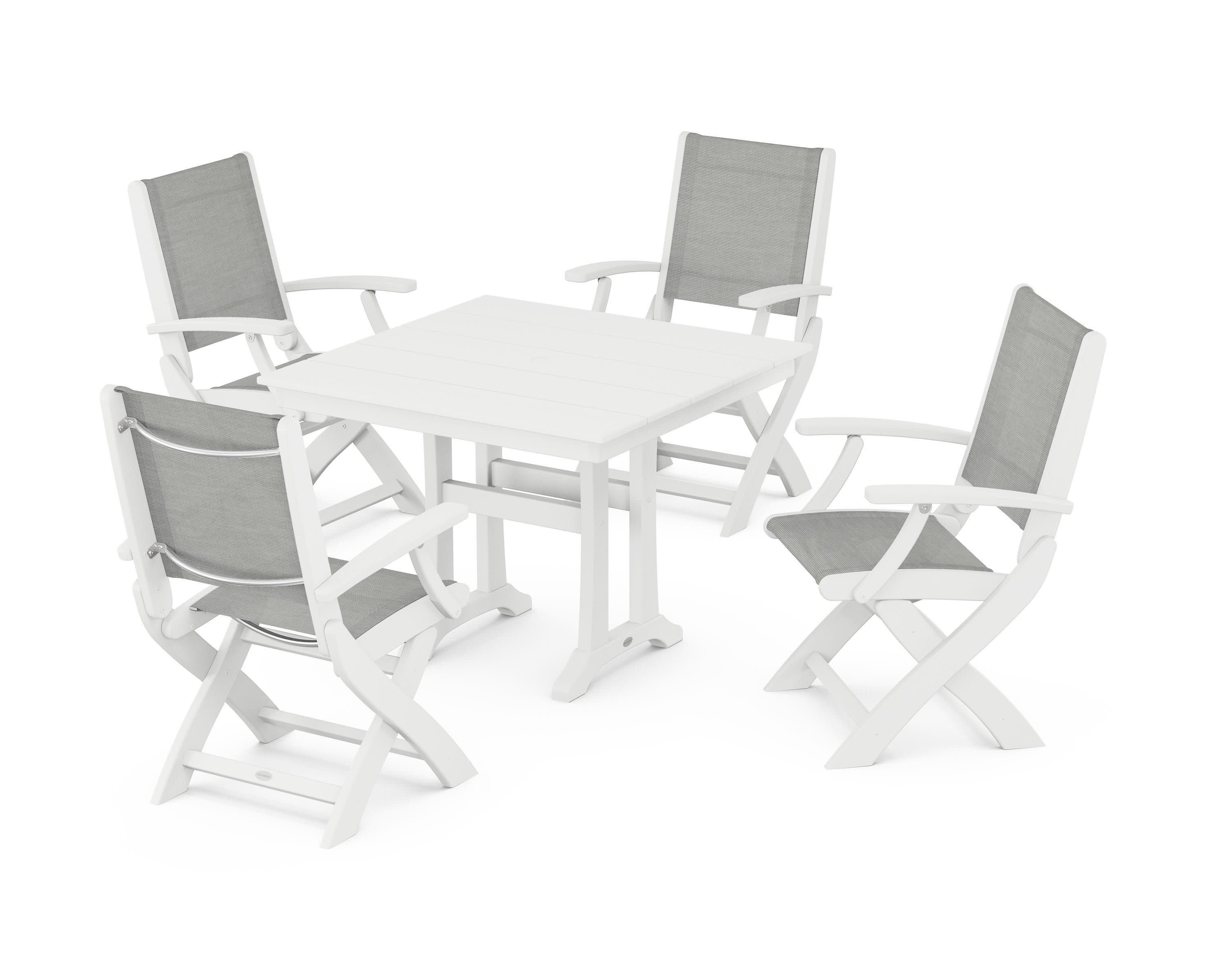 Coastal Folding Chair 5-Piece Farmhouse Dining Set With Trestle Legs in White / Metallic Sling