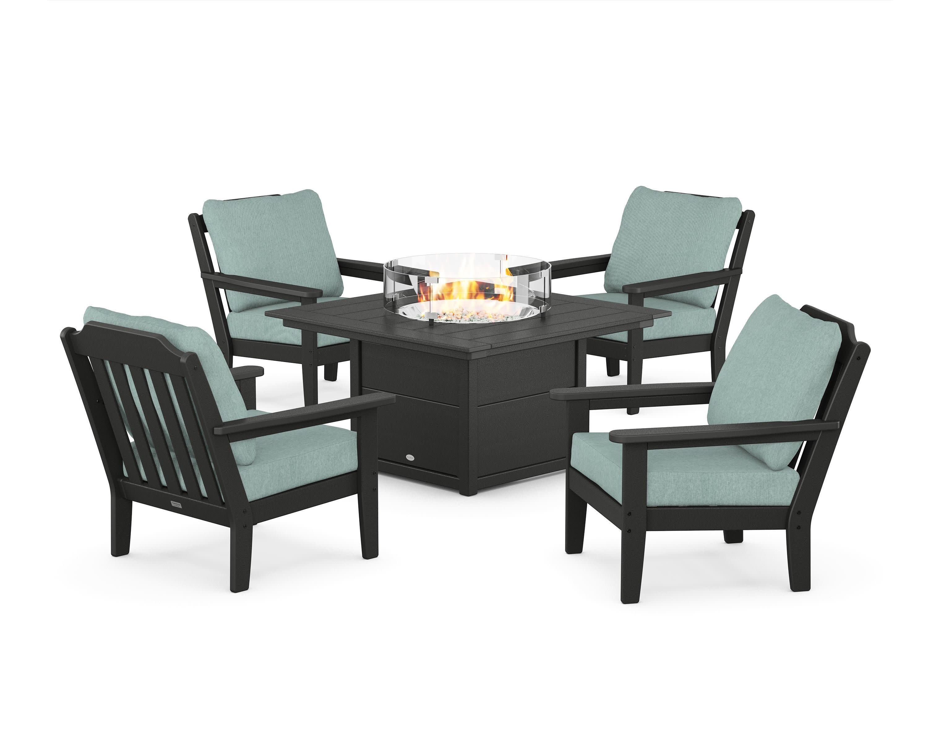 Cottage 5-Piece Deep Seating Set with Fire Pit Table in Black / Glacier Spa