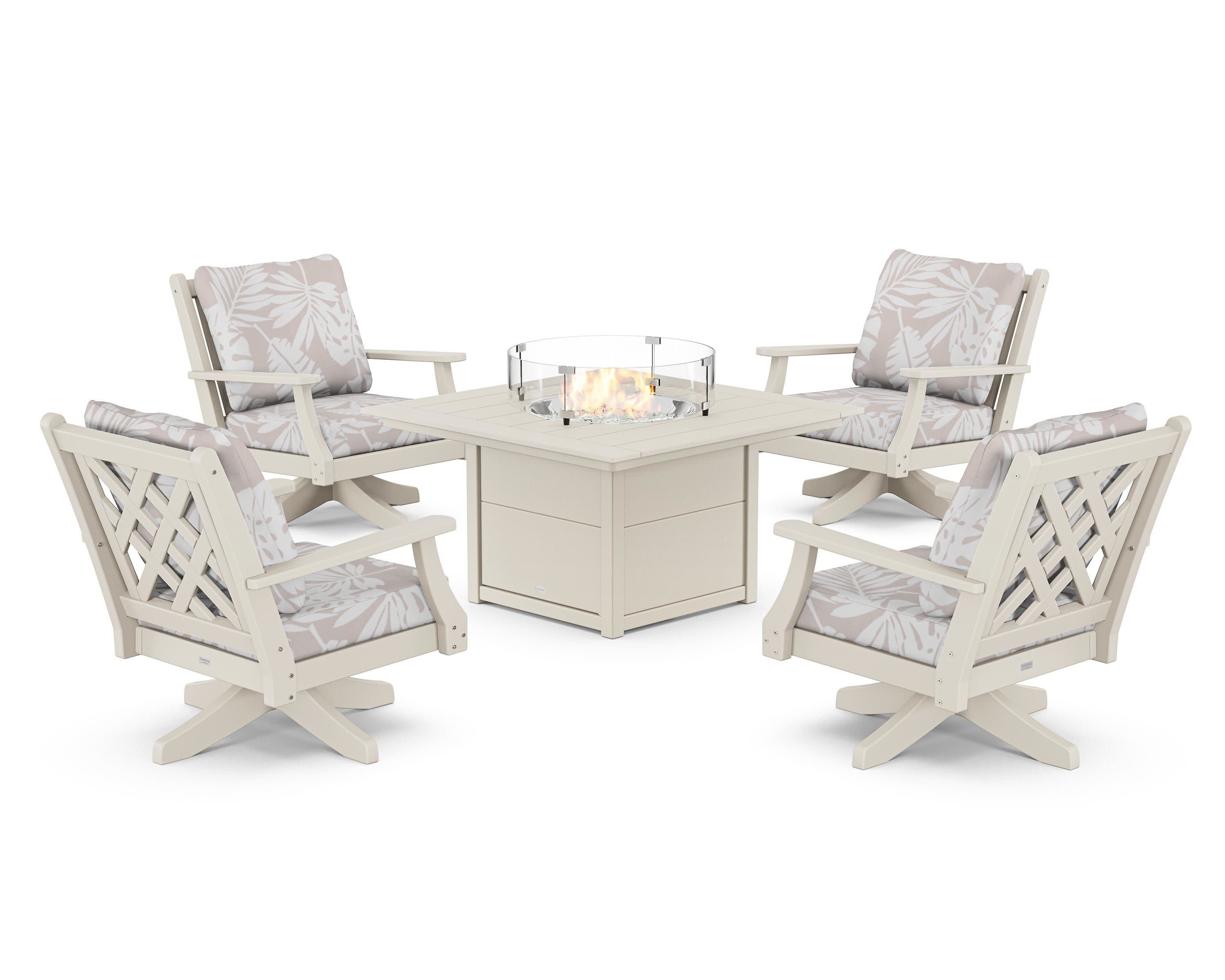 Wovendale 5-Piece Deep Seating Swivel Conversation Set with Fire Pit Table in Sand / Leaf Dune Burlap