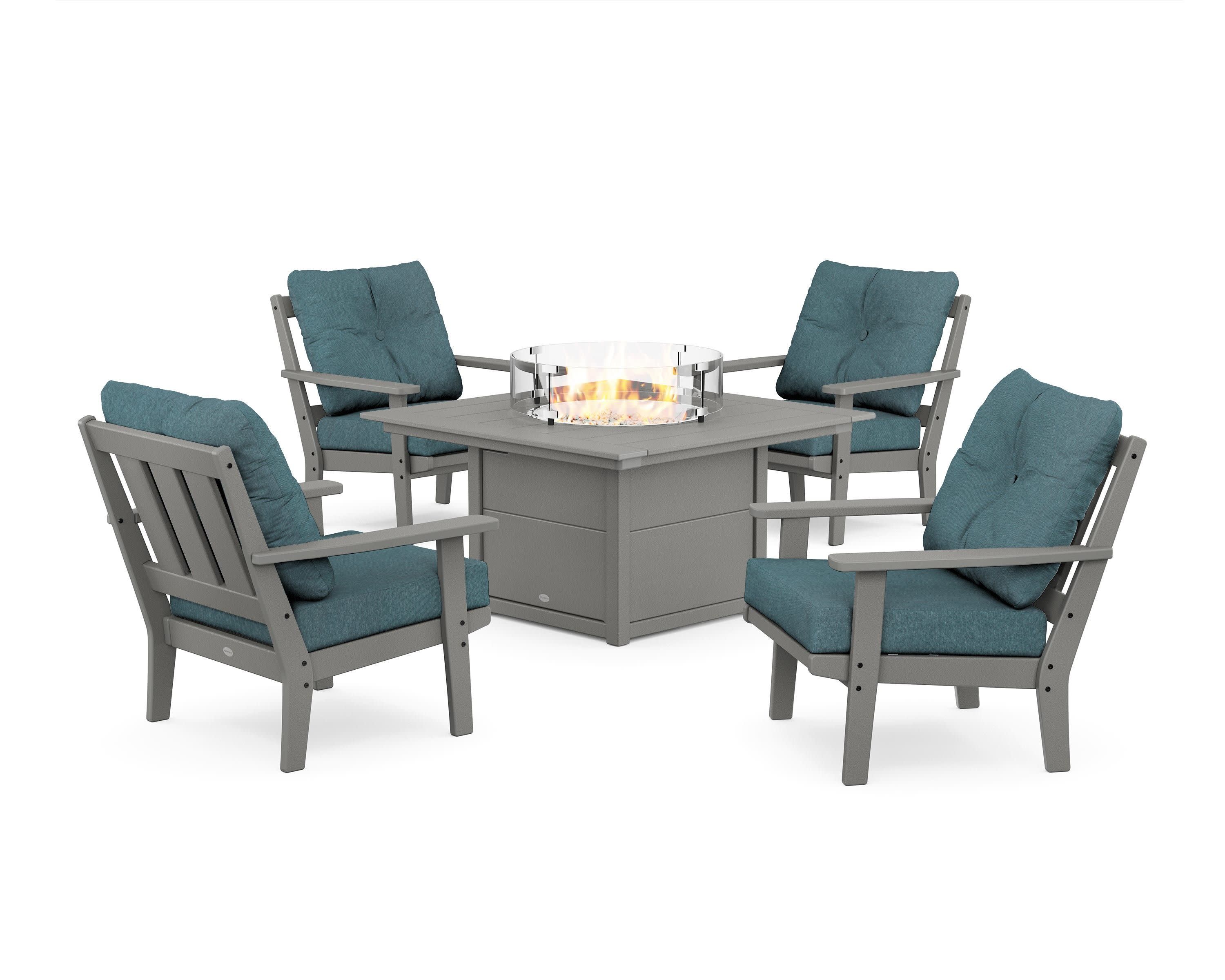 Oxford 5-Piece Deep Seating Set with Fire Pit Table in Slate Grey / Ocean Teal