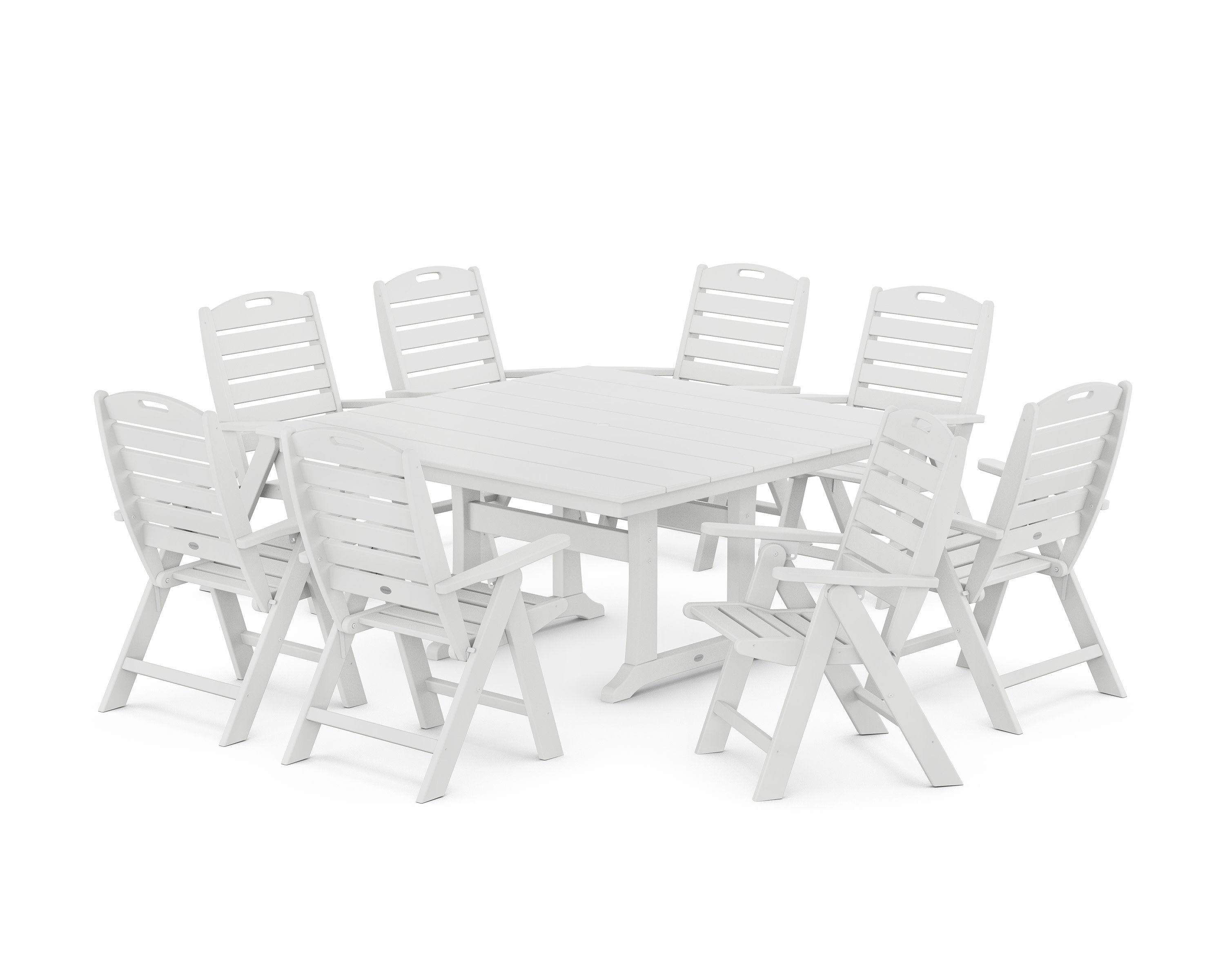 Nautical Highback 9-Piece Square Farmhouse Dining Set with Trestle Legs in White