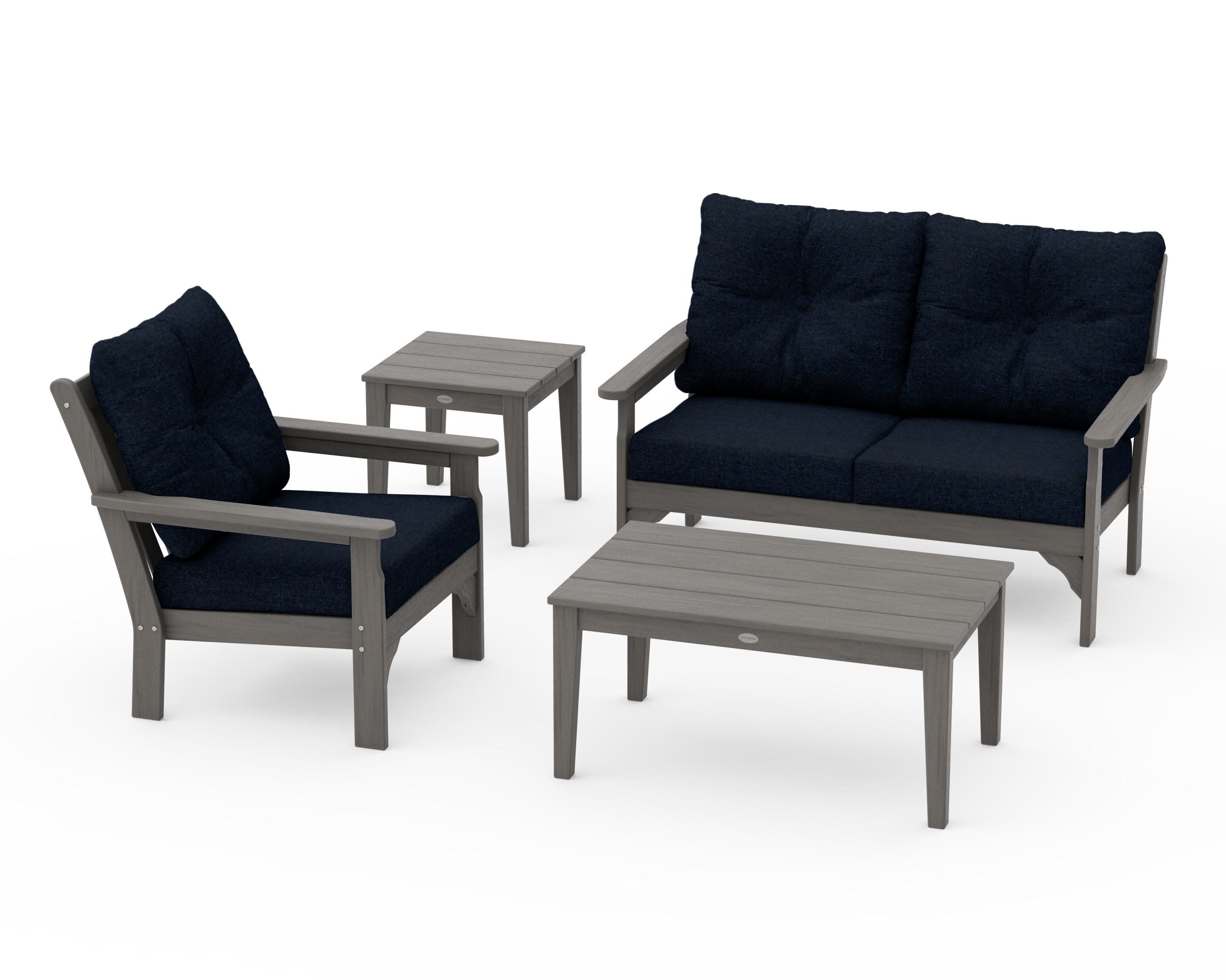 Vineyard 4-Piece Deep Seating Set in Driftwood / Marine Indigo
