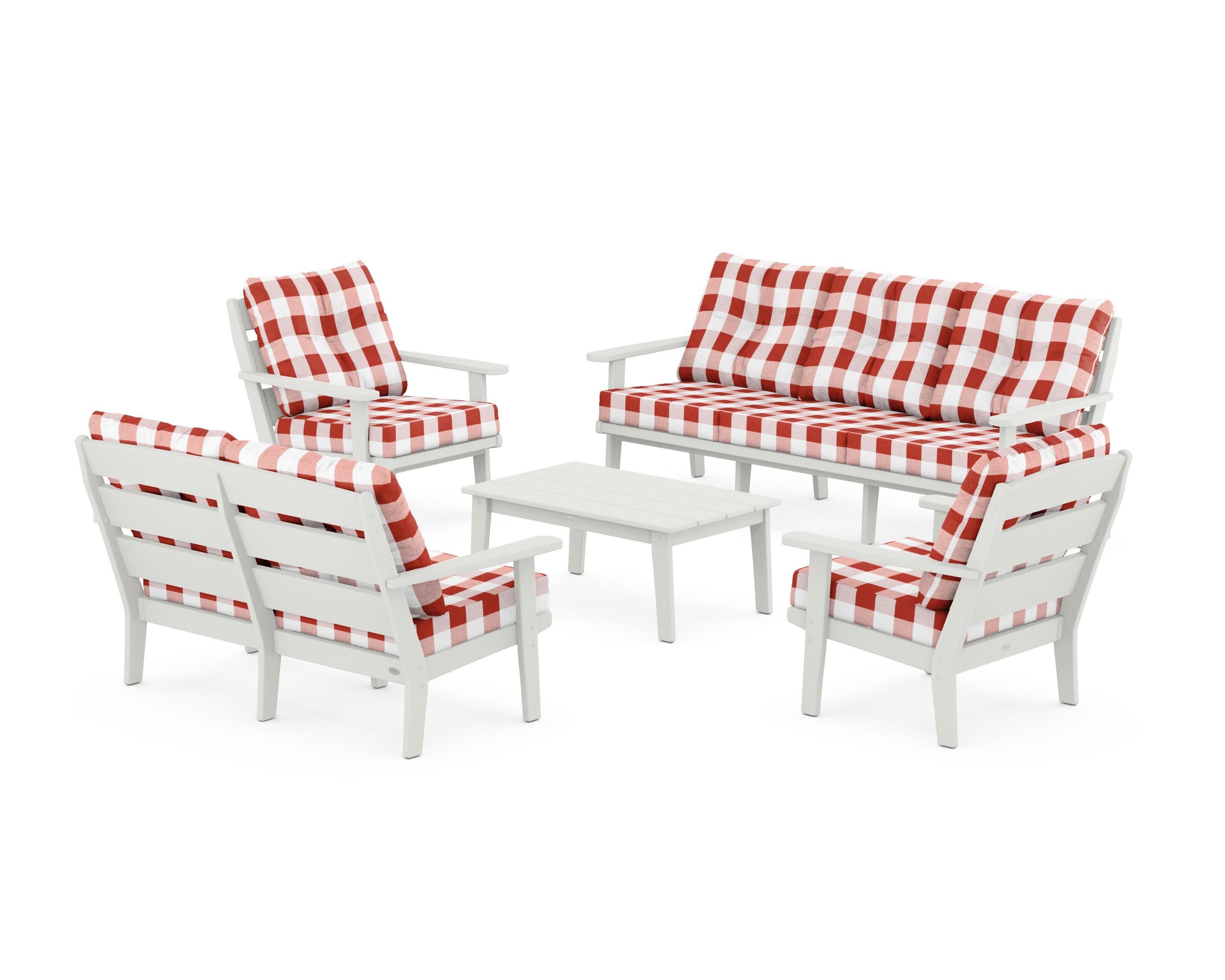 Lakeside 5-Piece Lounge Sofa Set in Vintage White / Buffalo Plaid Crimson