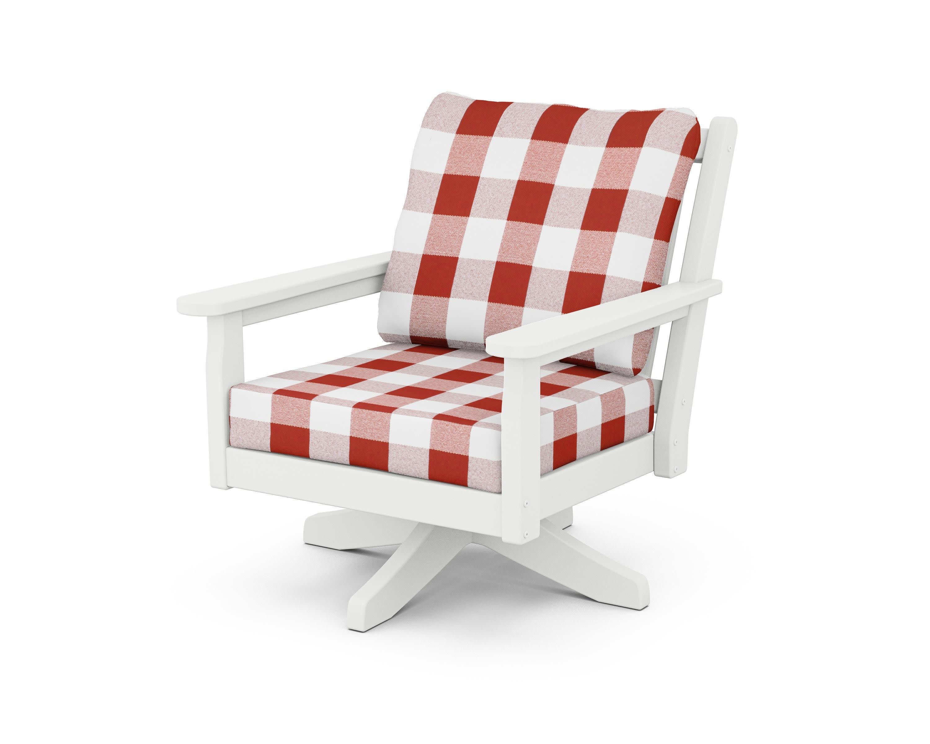 Chippendale Deep Seating Swivel Chair in White / Buffalo Plaid Crimson