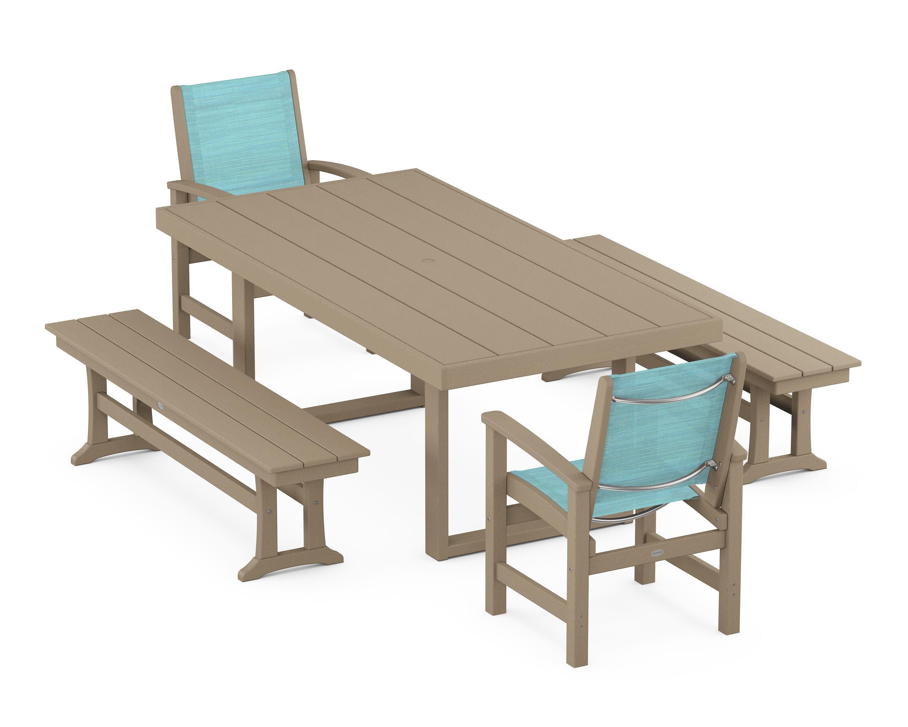 Coastal 5-Piece Dining Set with Trestle Legs in Vintage Sahara / Dupioni Aquamarine Sling