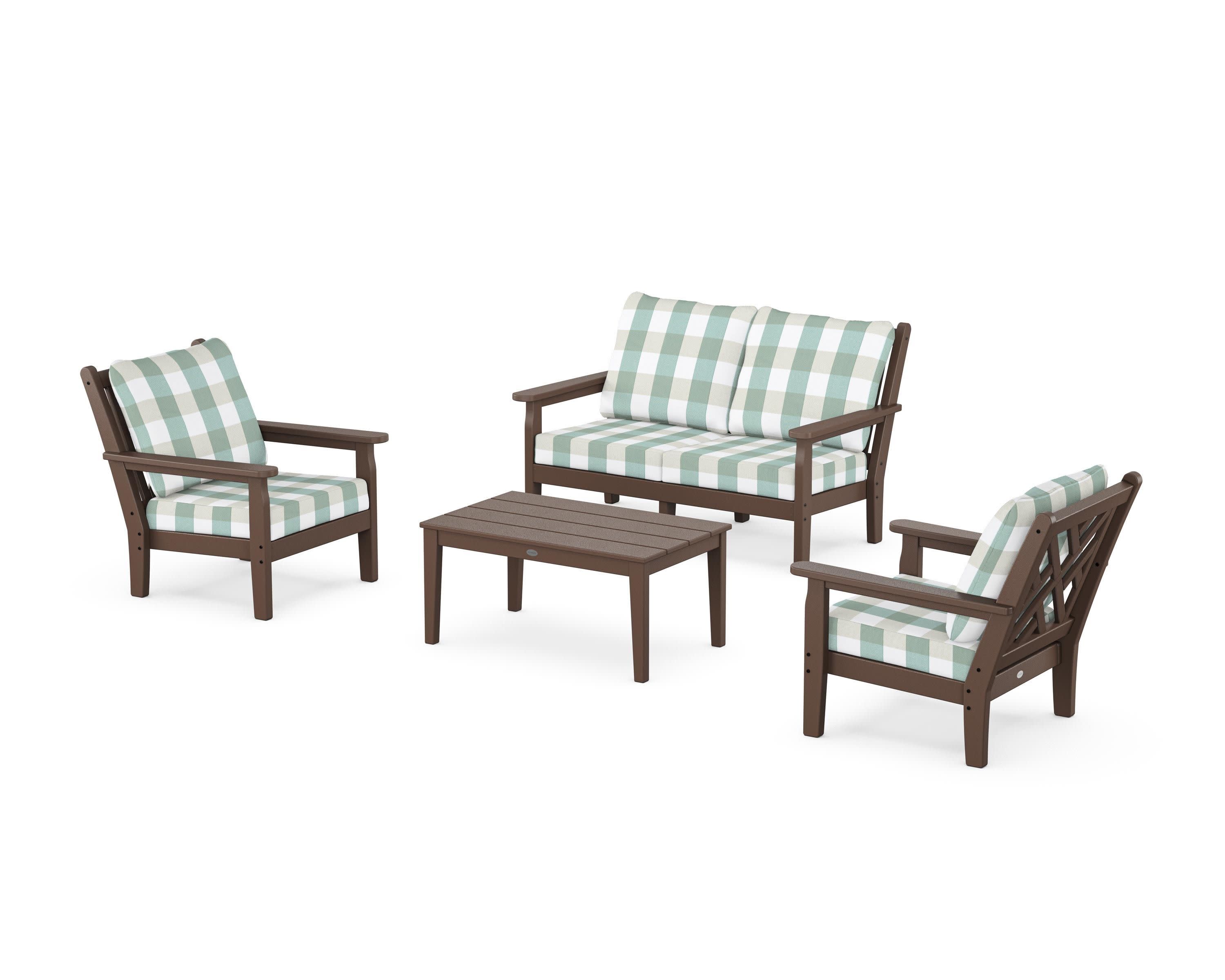 Chippendale 4-Piece Deep Seating Set with Loveseat in Mahogany / Buffalo Plaid Glacier Spa