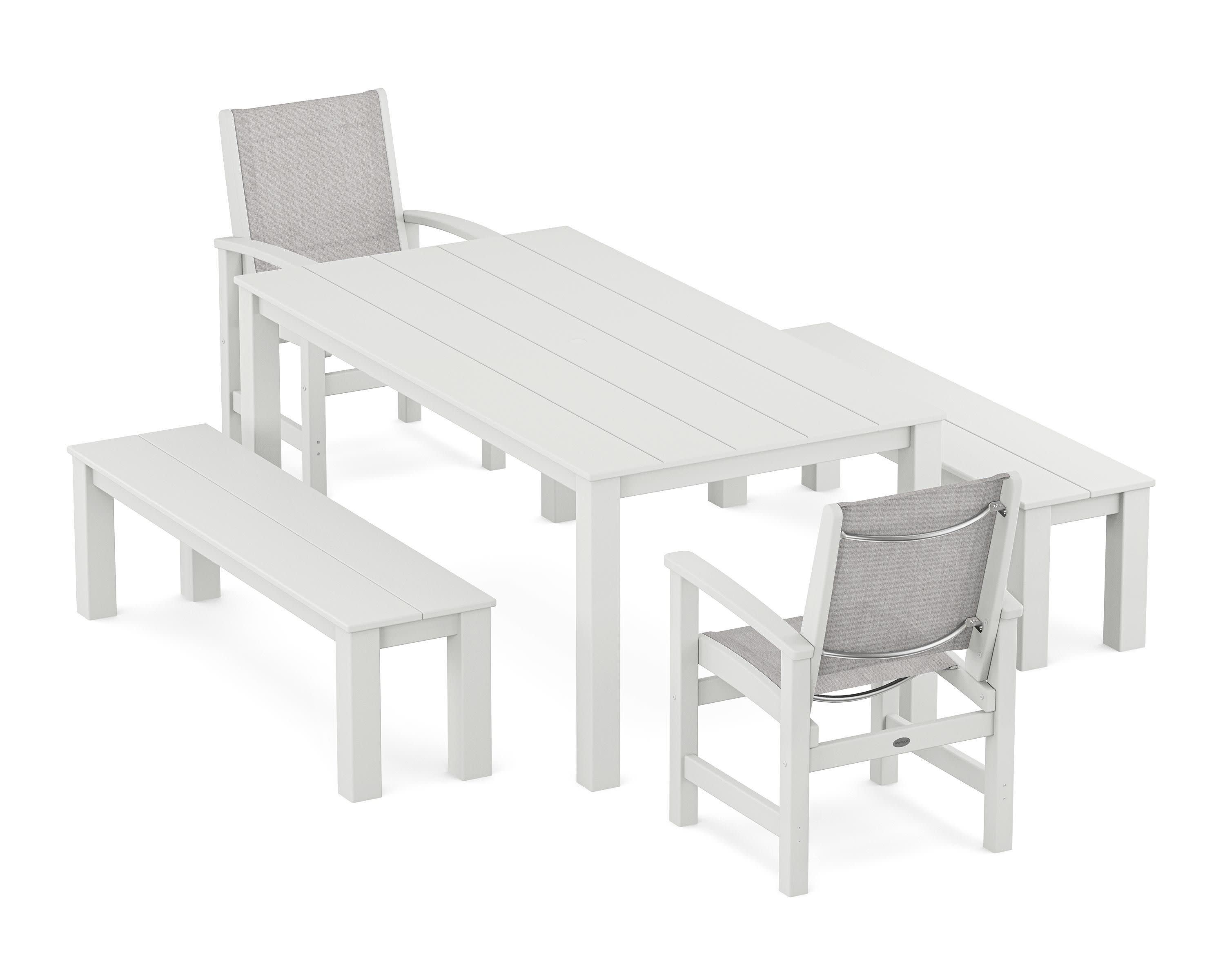 Coastal 5-Piece Parsons Dining Set with Benches in White / Parchment Sling