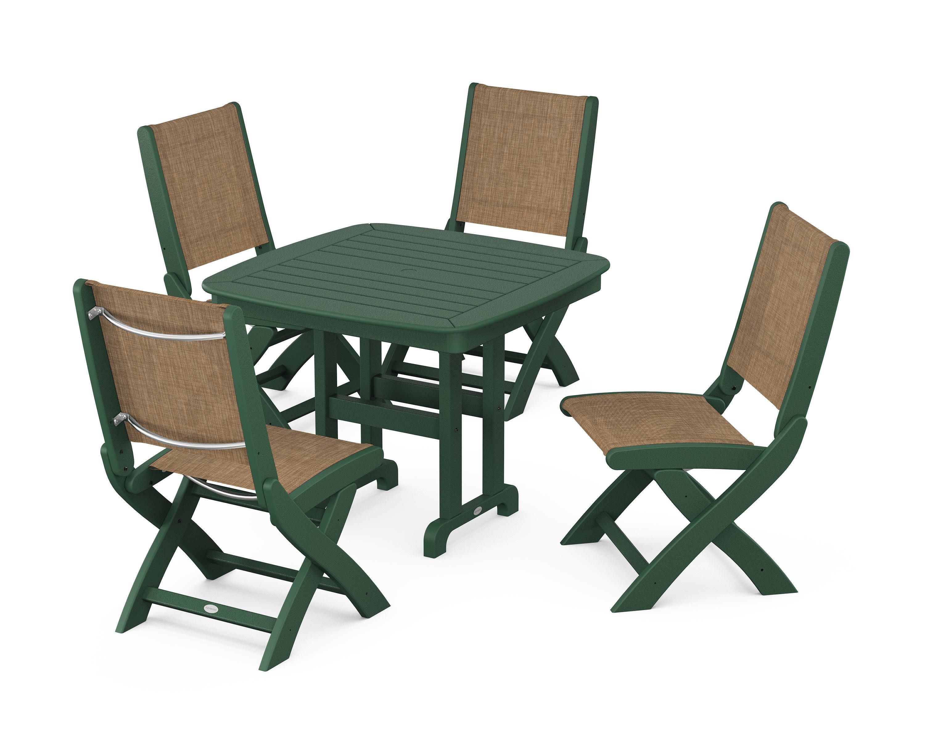Coastal Folding Side Chair 5-Piece Dining Set in Green / Burlap Sling