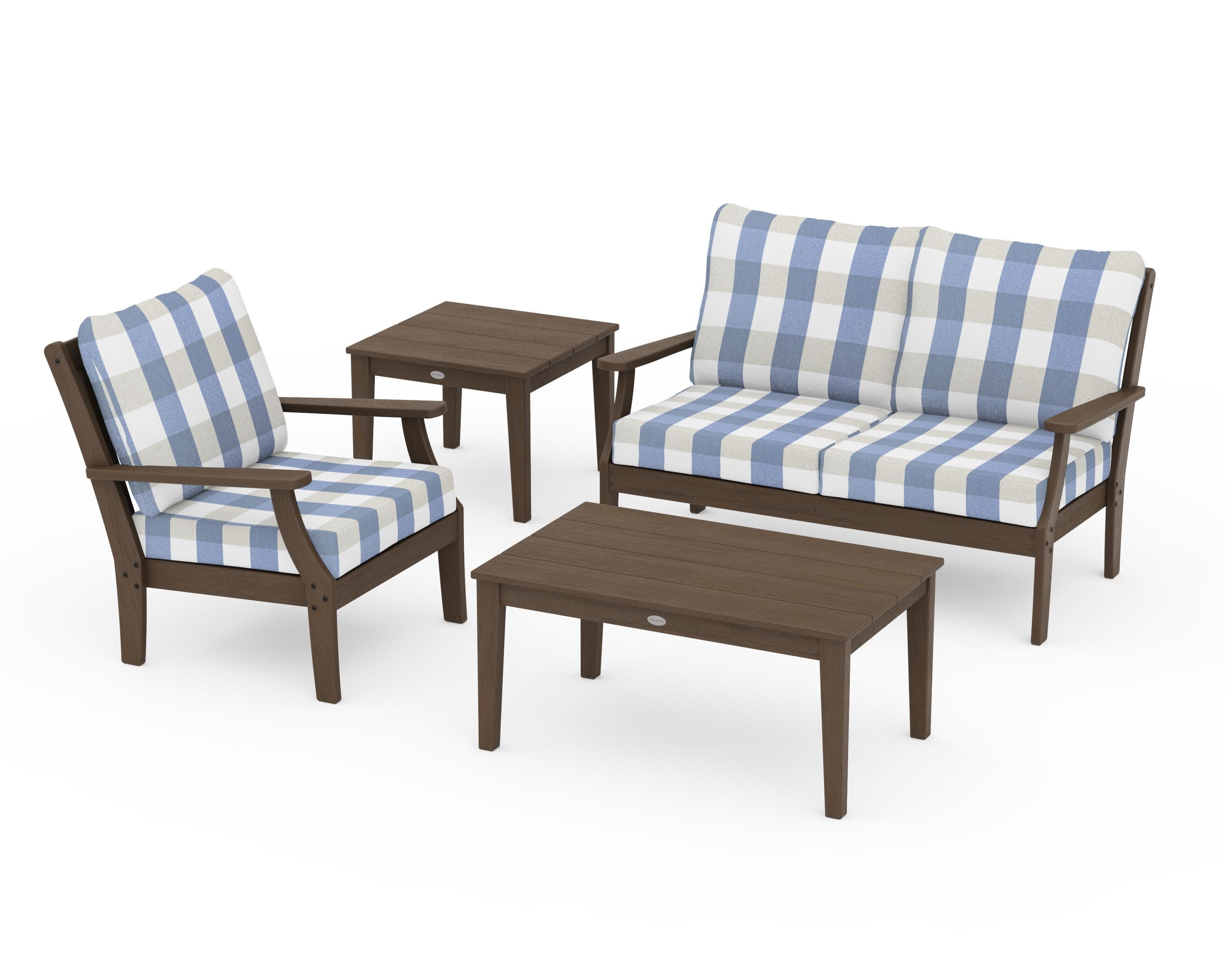 Braxton 4-Piece Deep Seating Set in Kona / Buffalo Plaid Sky Blue