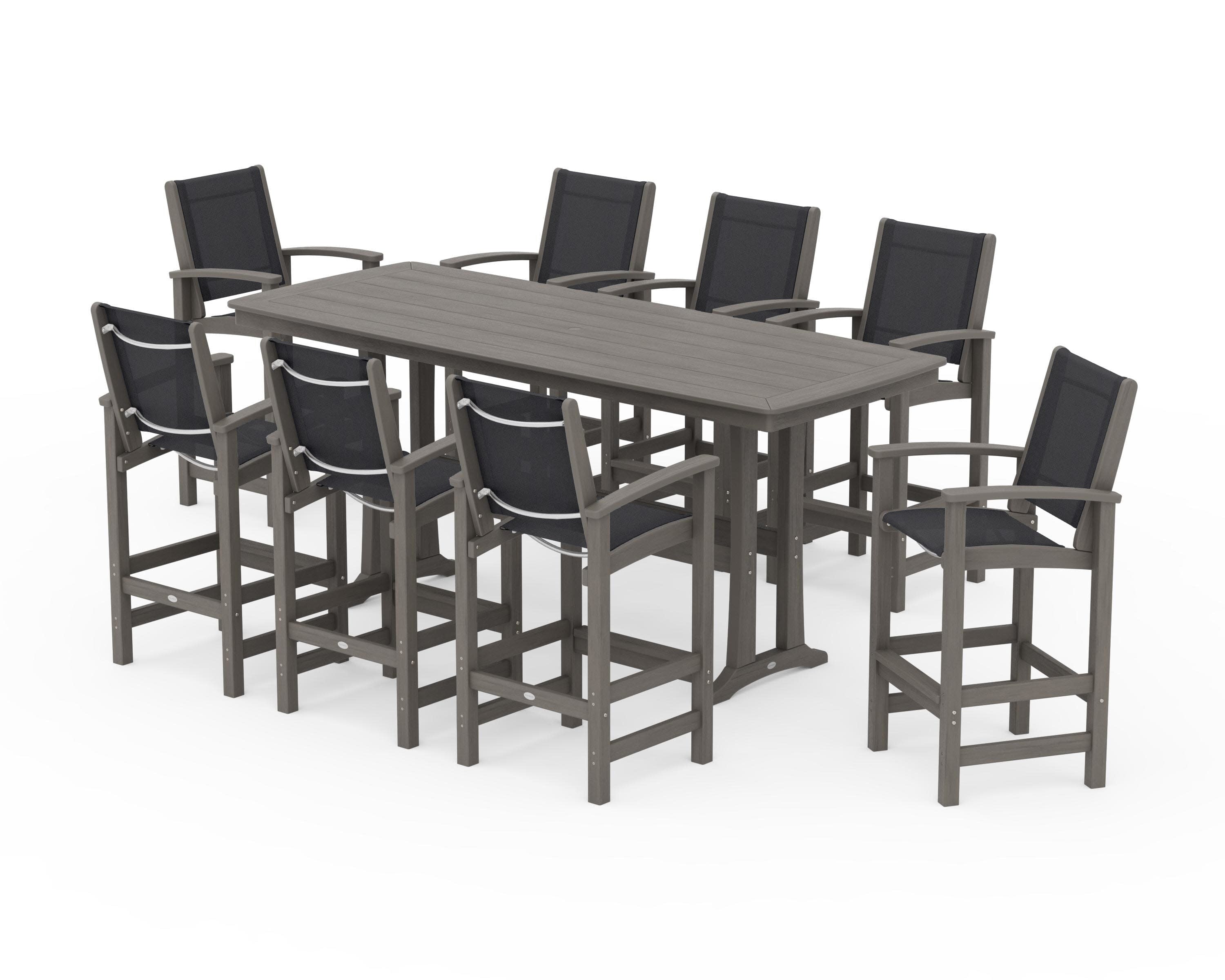Coastal 9-Piece Bar Set with Trestle Legs in Driftwood / Black Sling