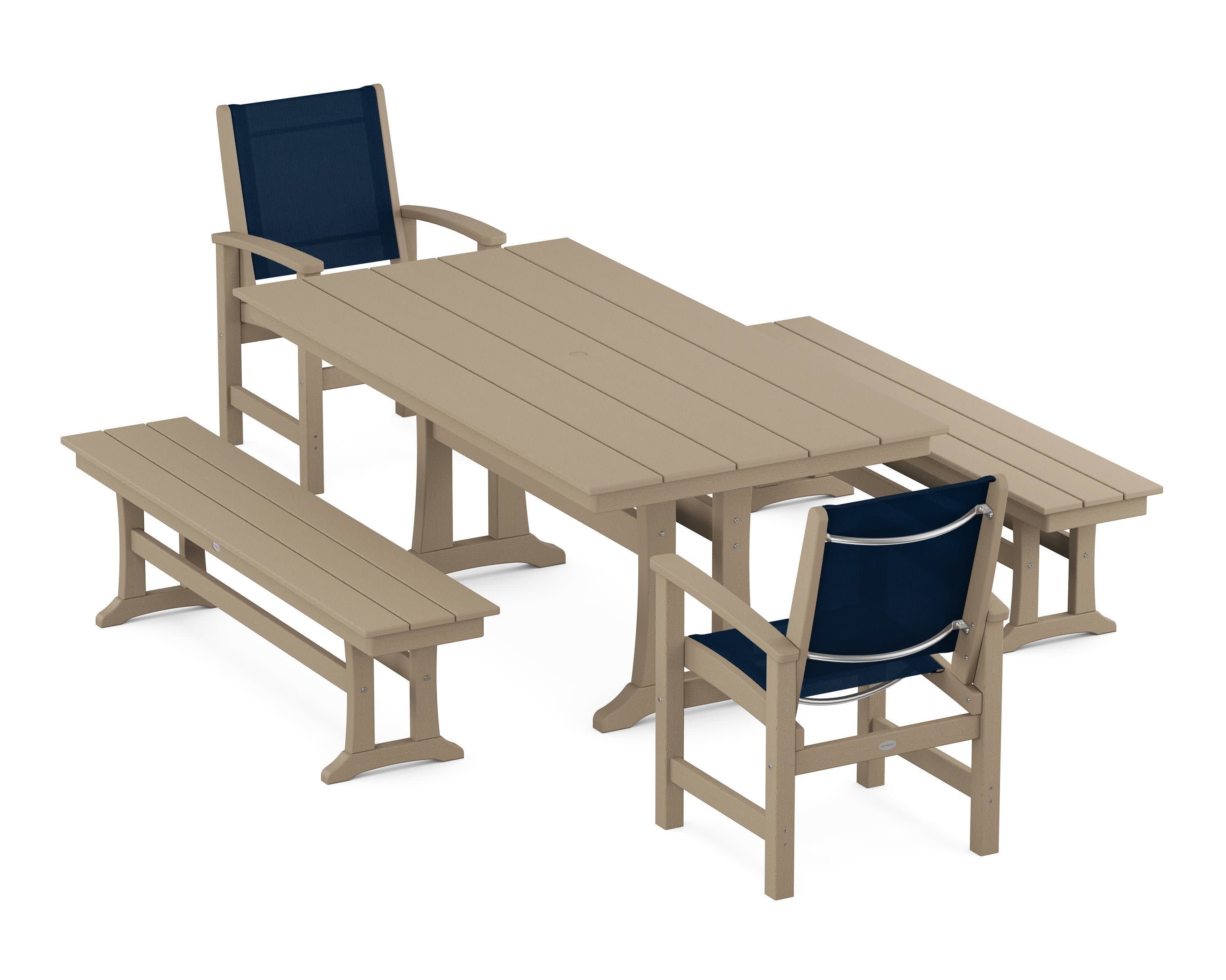 Coastal 5-Piece Farmhouse Dining Set with Trestle Legs and Benches in Vintage Sahara / Navy Blue Sling