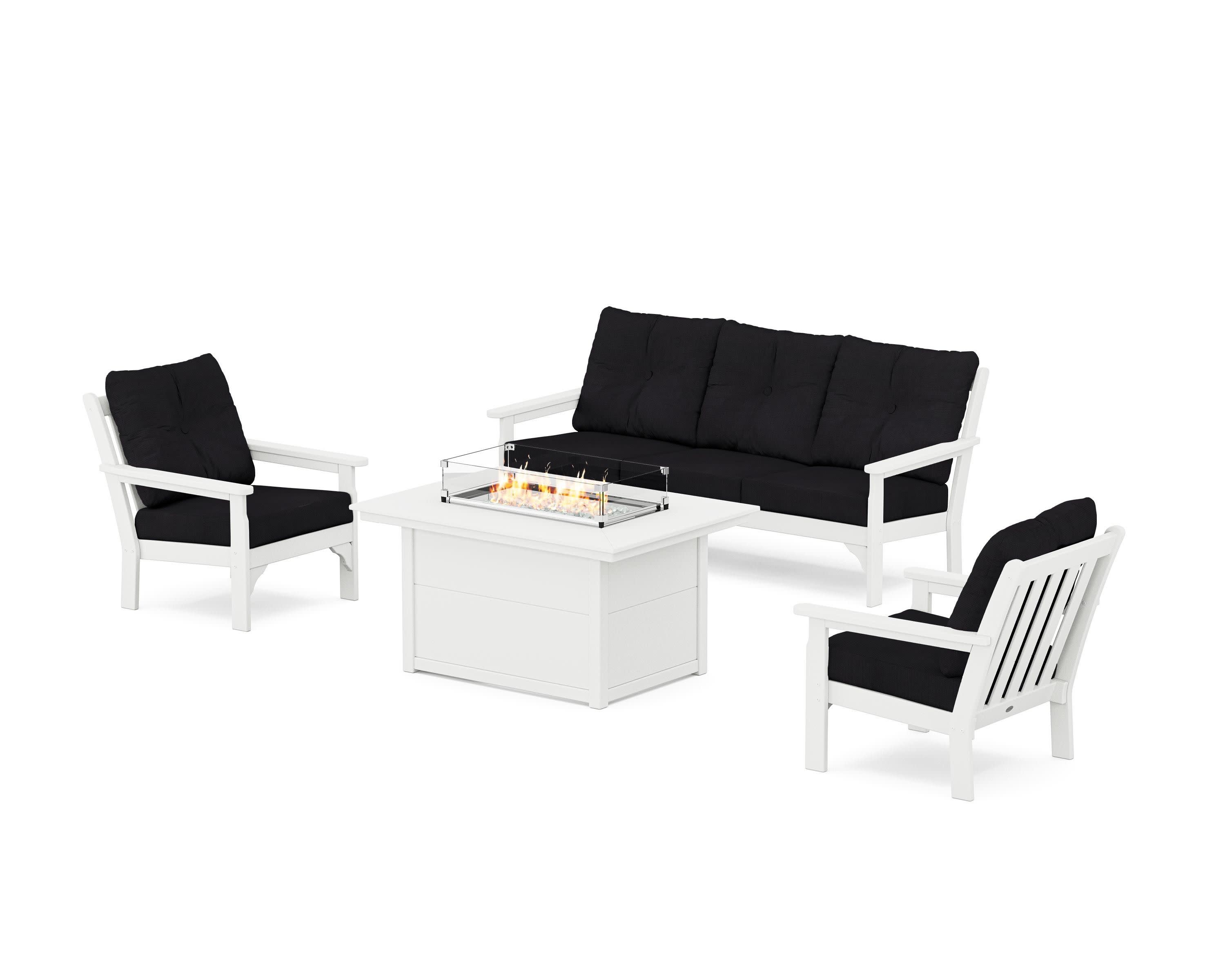 Vineyard Deep Seating Fire Pit Table Set in White / Midnight Linen
