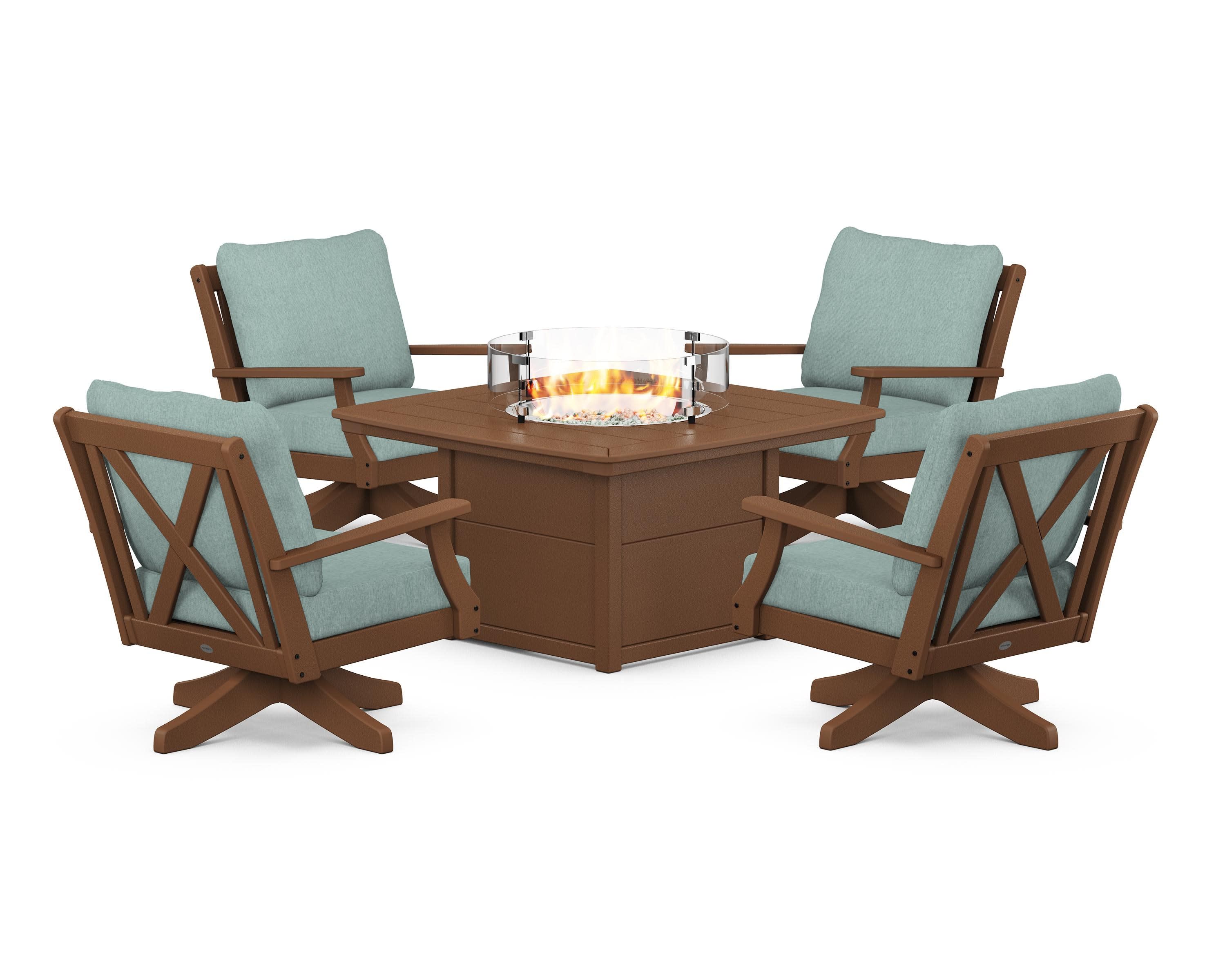 Braxton 5-Piece Deep Seating Swivel Conversation Set with Fire Pit Table in Teak / Glacier Spa