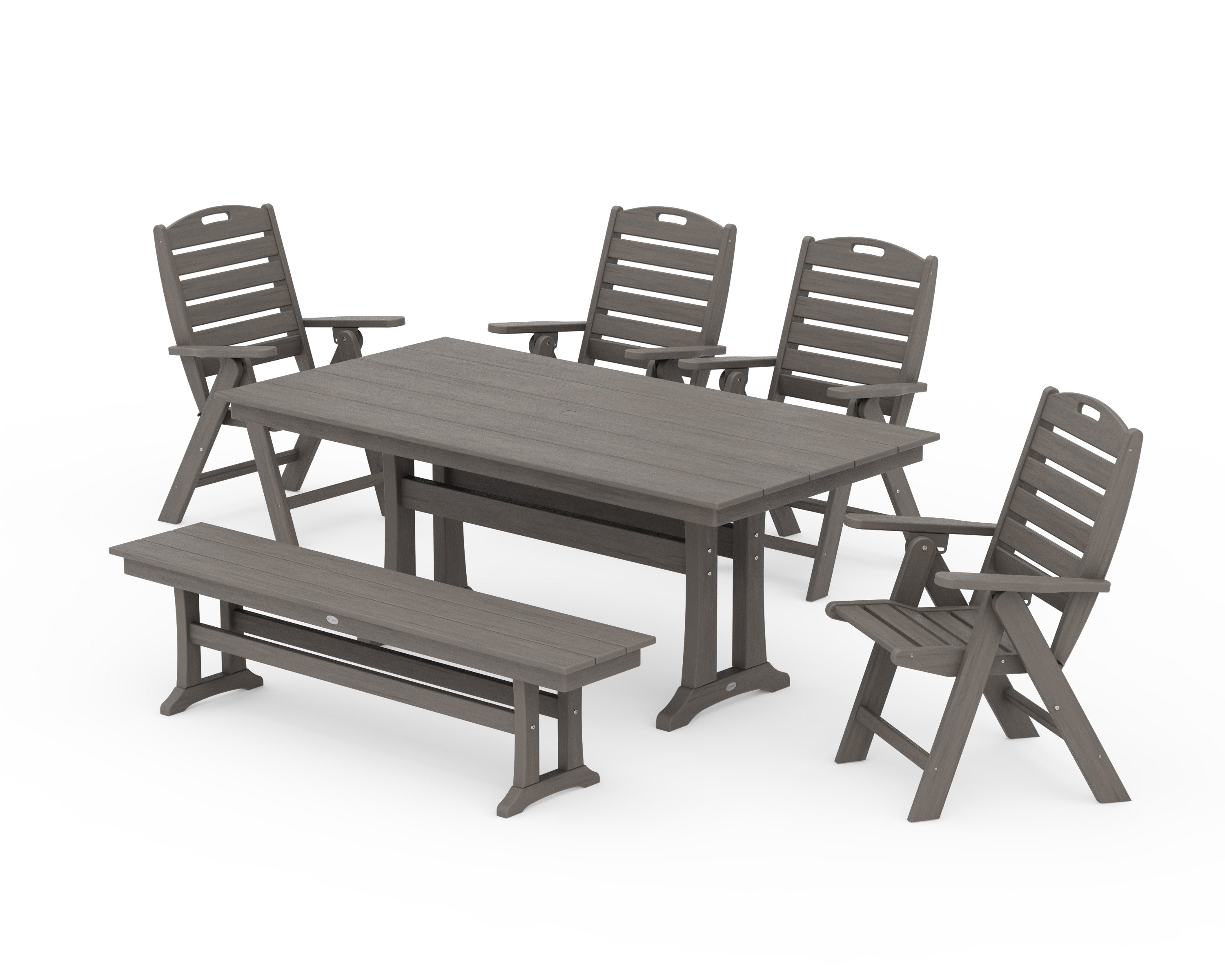 Nautical Highback 6-Piece Farmhouse Dining Set with Trestle Legs and Bench in Driftwood
