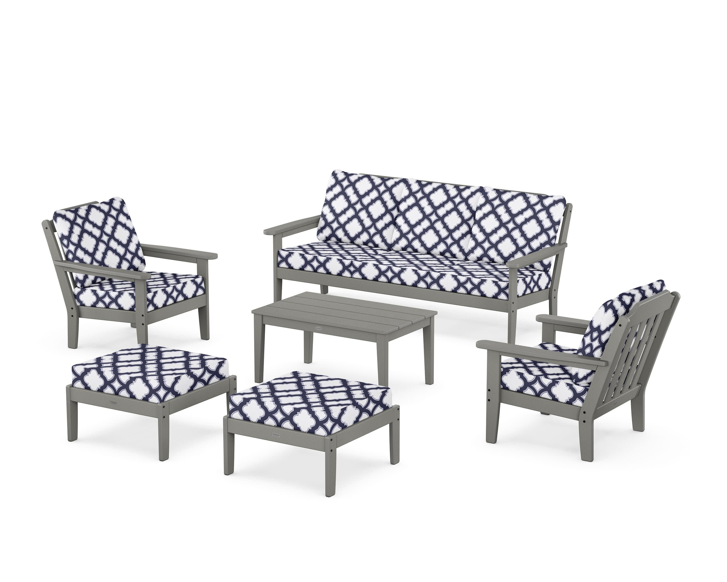 Cottage 6-Piece Lounge Sofa Set in Slate Grey / Trellis Navy