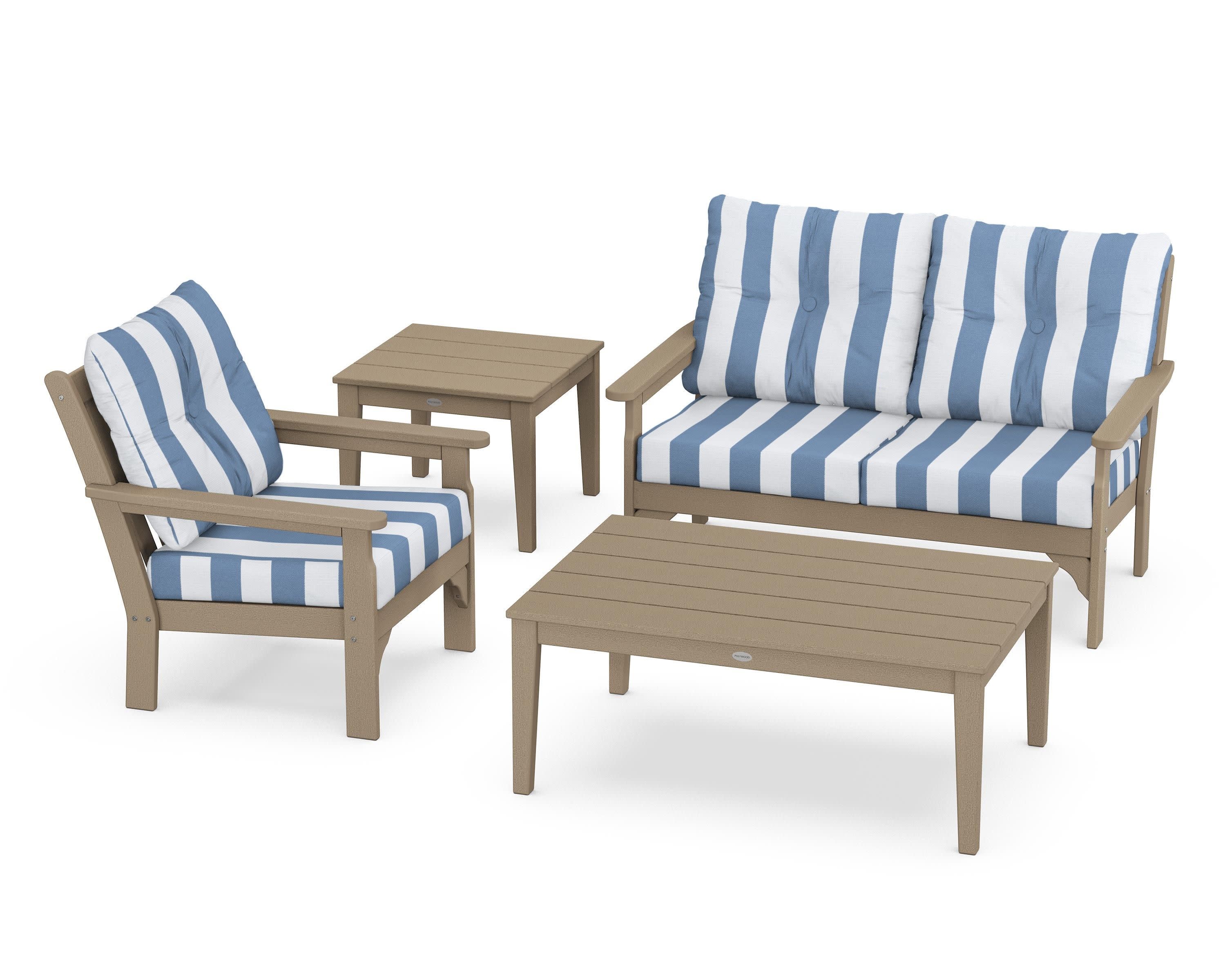 Vineyard 4-Piece Deep Seating Set in Vintage Sahara / Cabana Stripe Sky Blue
