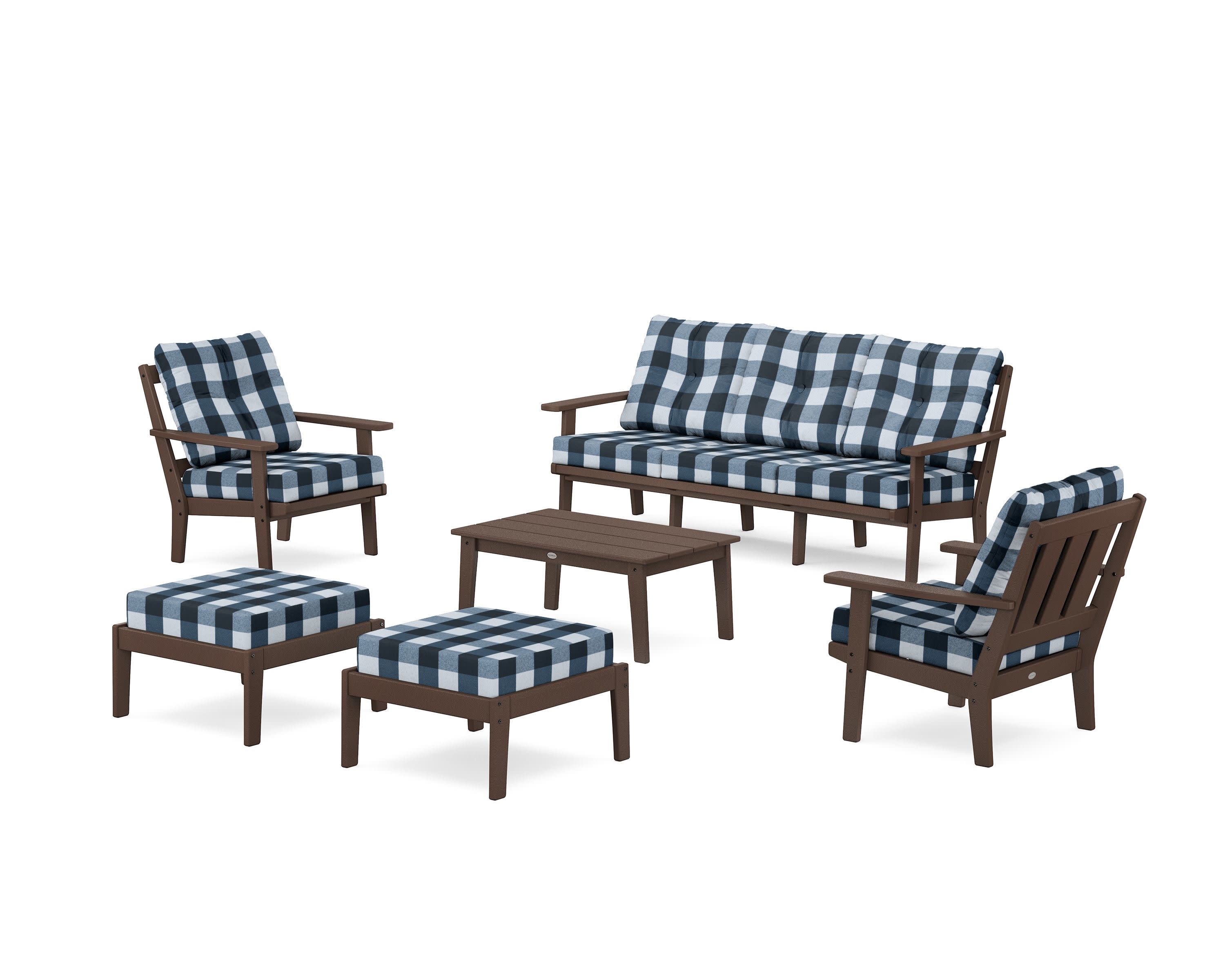 Oxford 6-Piece Lounge Sofa Set in Mahogany / Buffalo Plaid Marine Indigo