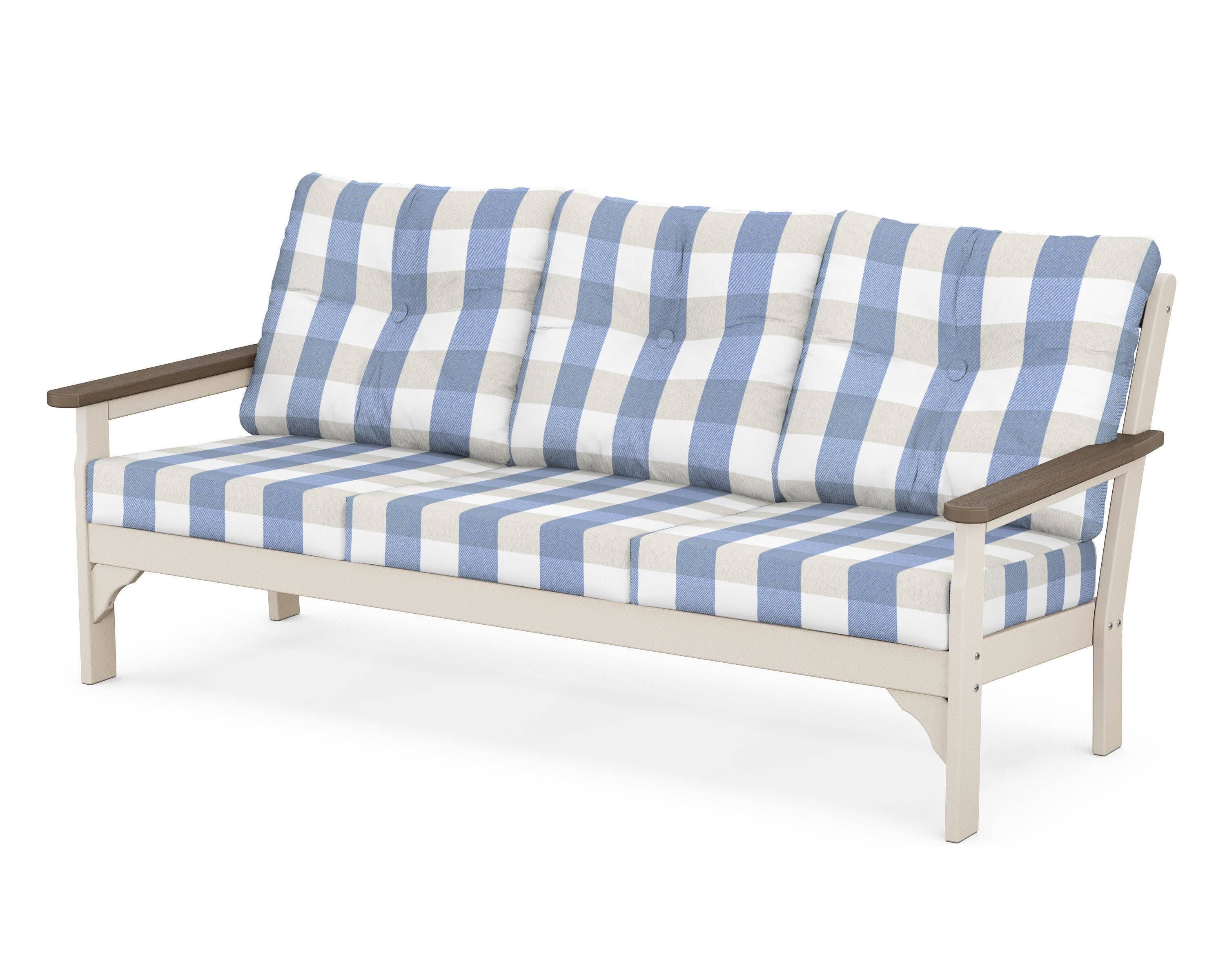 Vineyard Deep Seating Sofa in Sand / Kona / Buffalo Plaid Sky Blue
