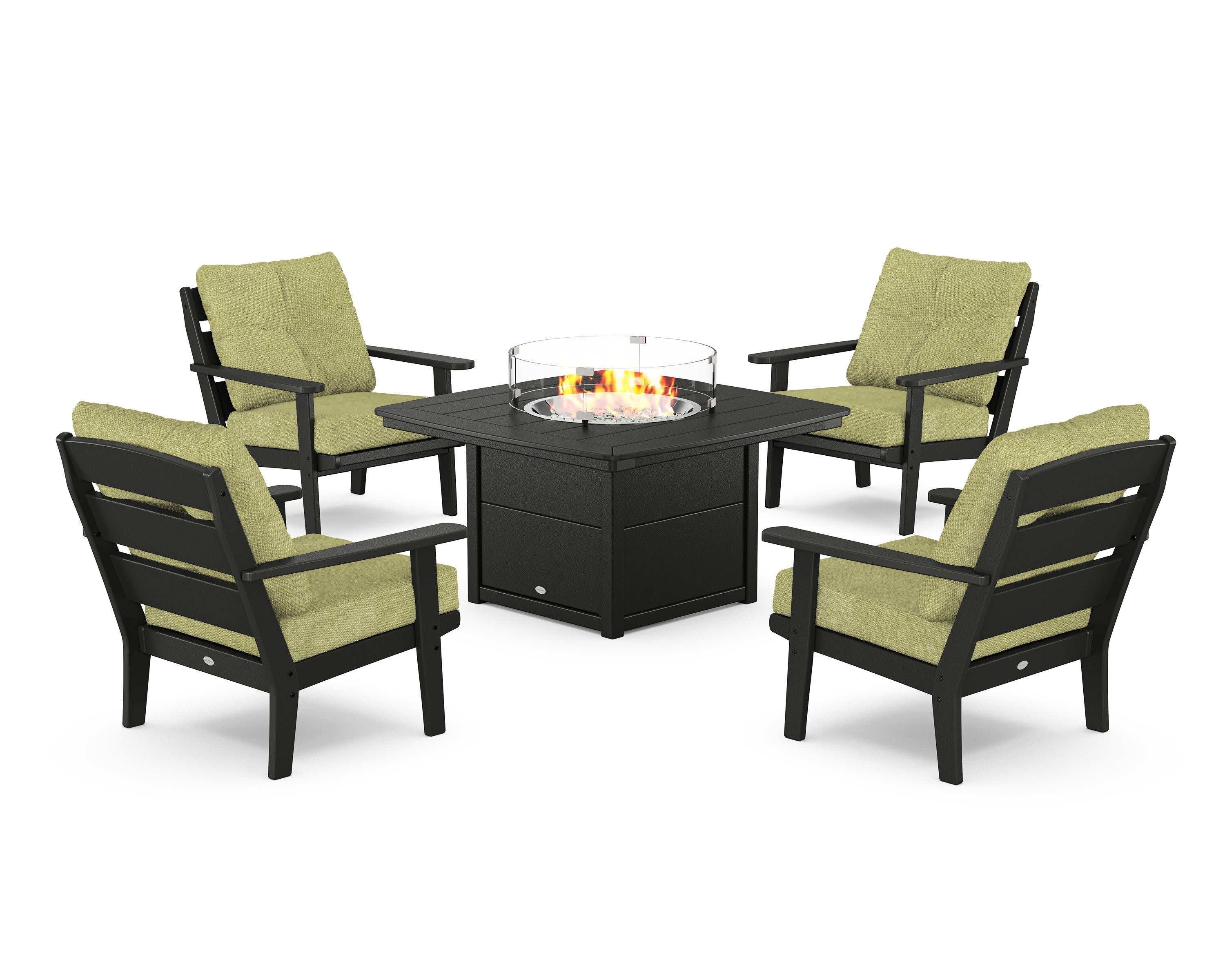 Lakeside 5-Piece Deep Seating Set with Nautical Fire Pit Table in Black / Chartreuse Boucle