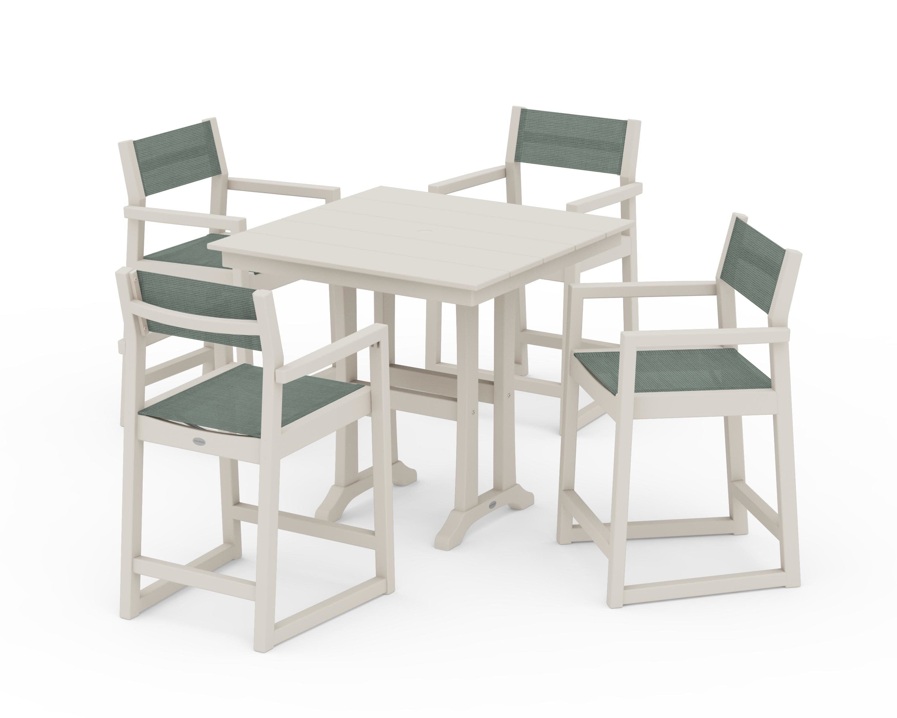 EDGE Sling Arm Chair 5-Piece Farmhouse Counter Set with Trestle Legs in Sand / Dupioni Sea Mist Sling