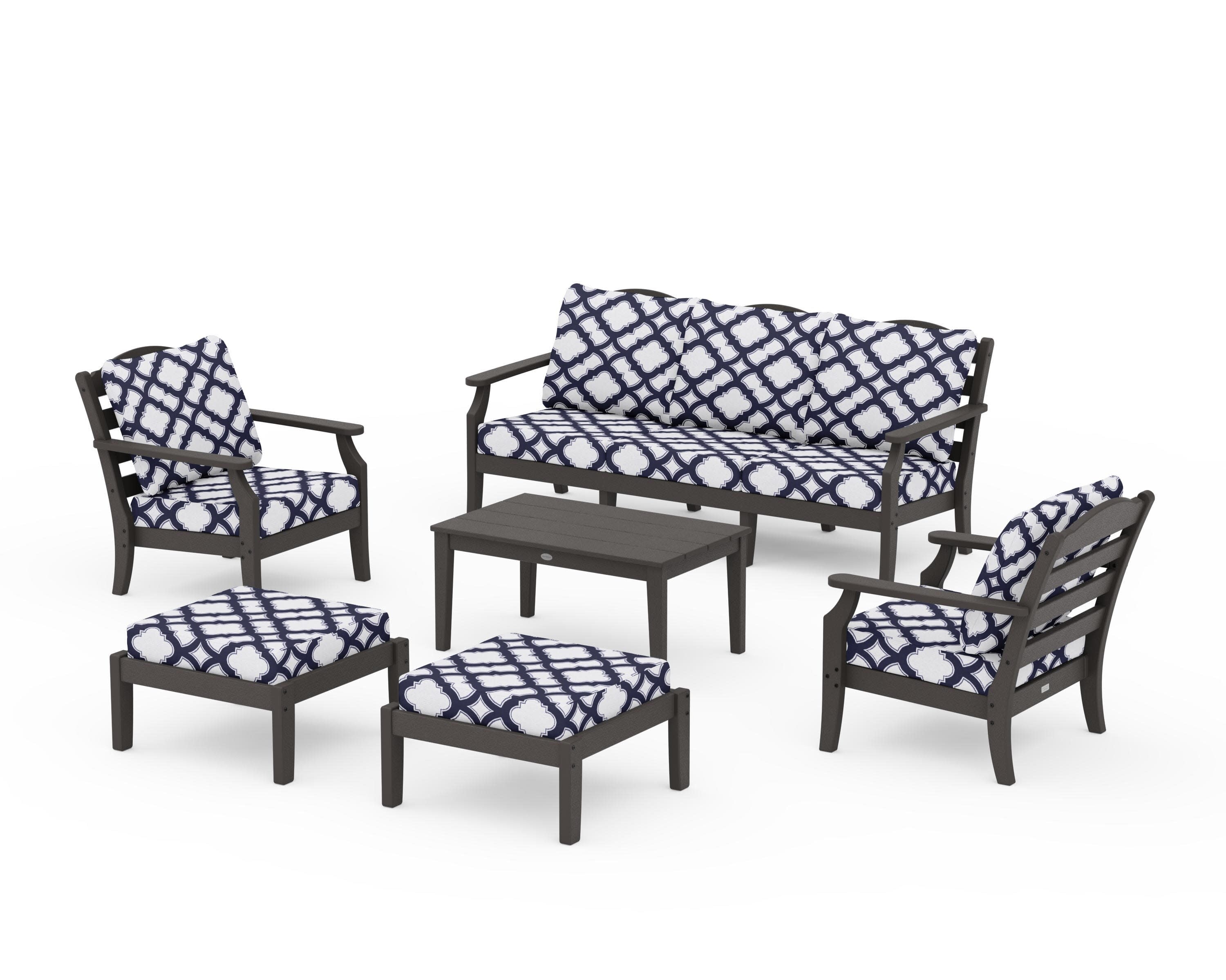 Savannah 6-Piece Lounge Sofa Set in Vintage Coffee / Trellis Navy