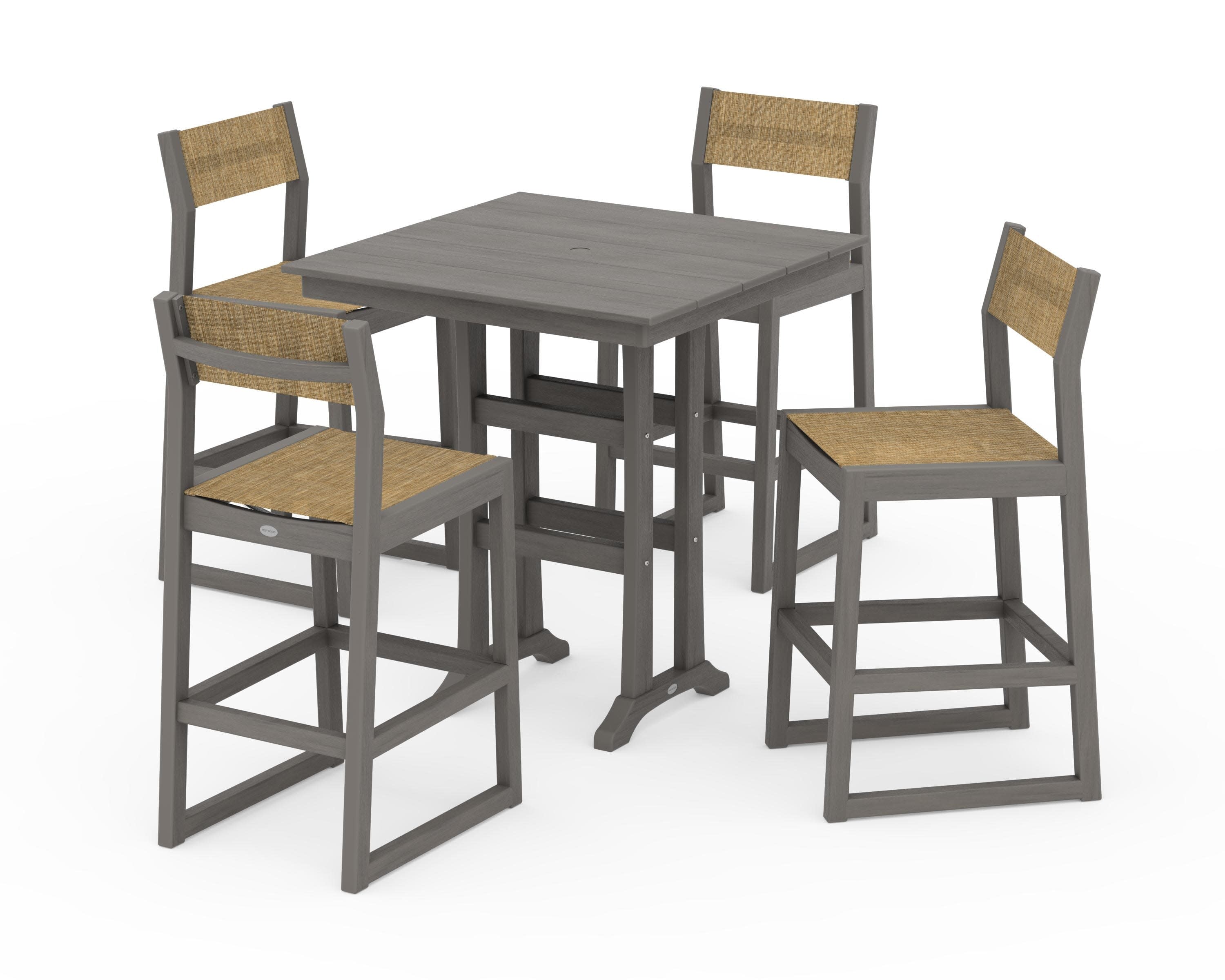 EDGE Sling Arm Chair 5-Piece Farmhouse Bar Set with Trestle Legs in Driftwood / Burlap Sling