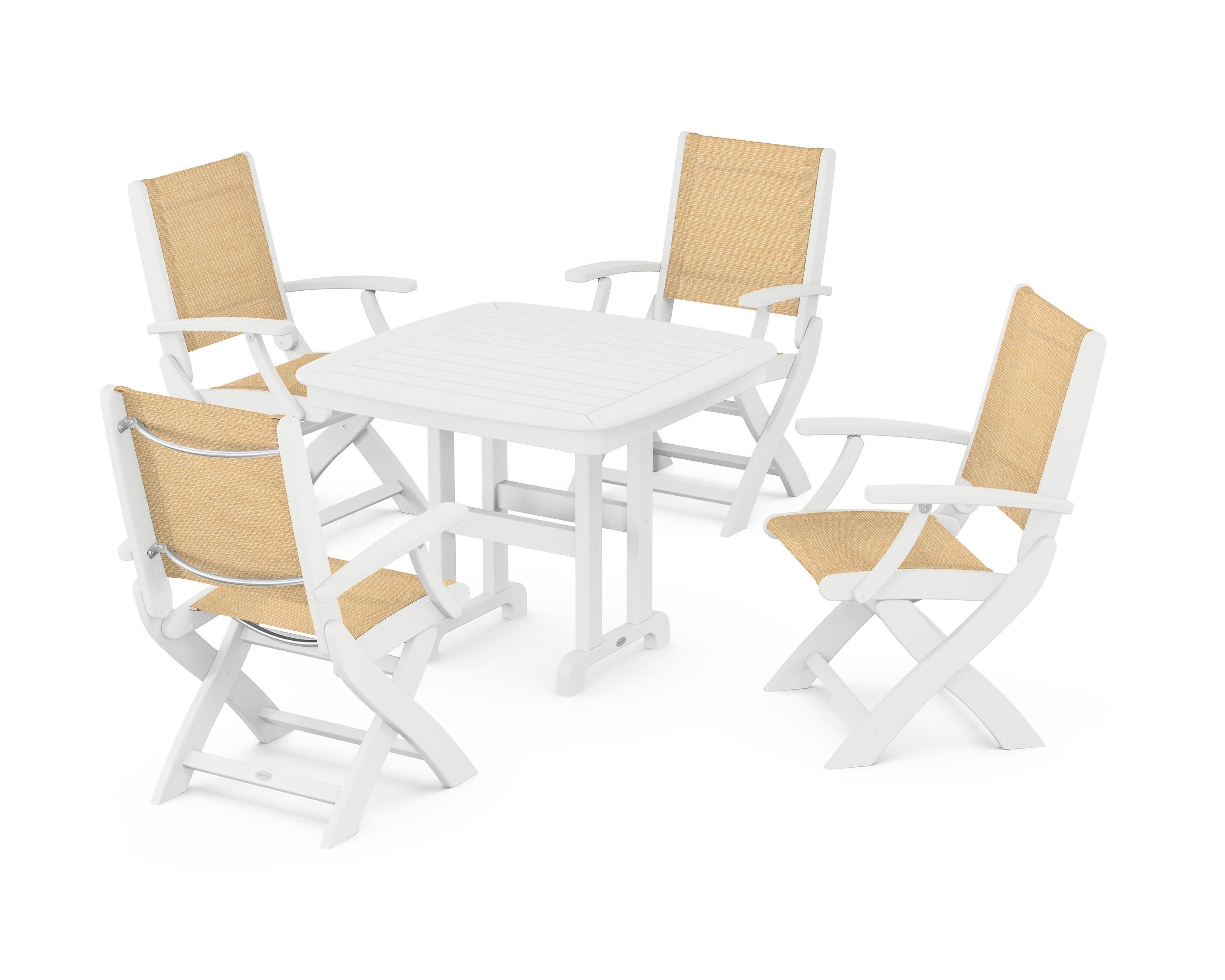 Coastal Folding Chair 5-Piece Dining Set in White / Dupioni Apricot Sling