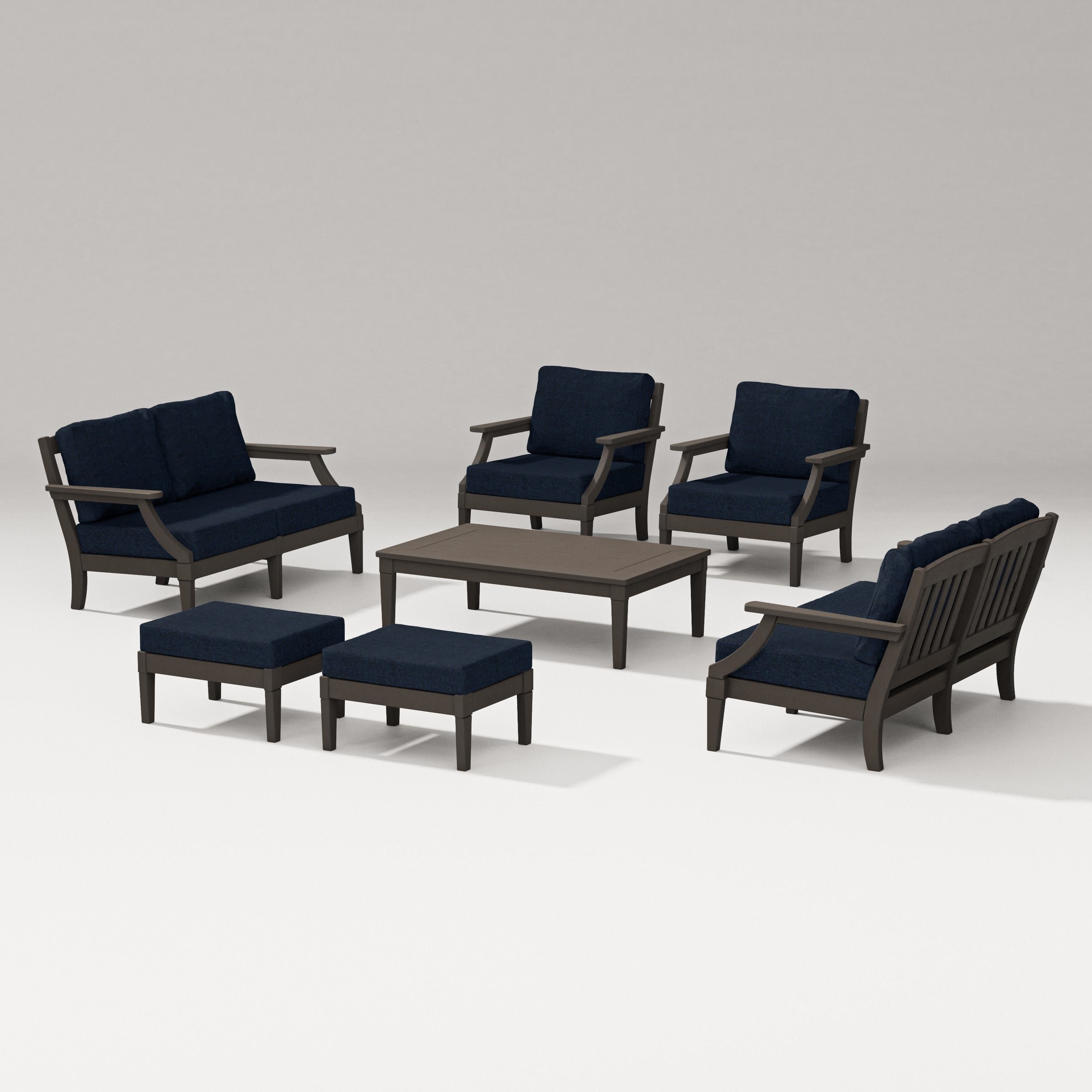 Estate 7-Piece Lounge Loveseat Set in Vintage Coffee / Marine Indigo