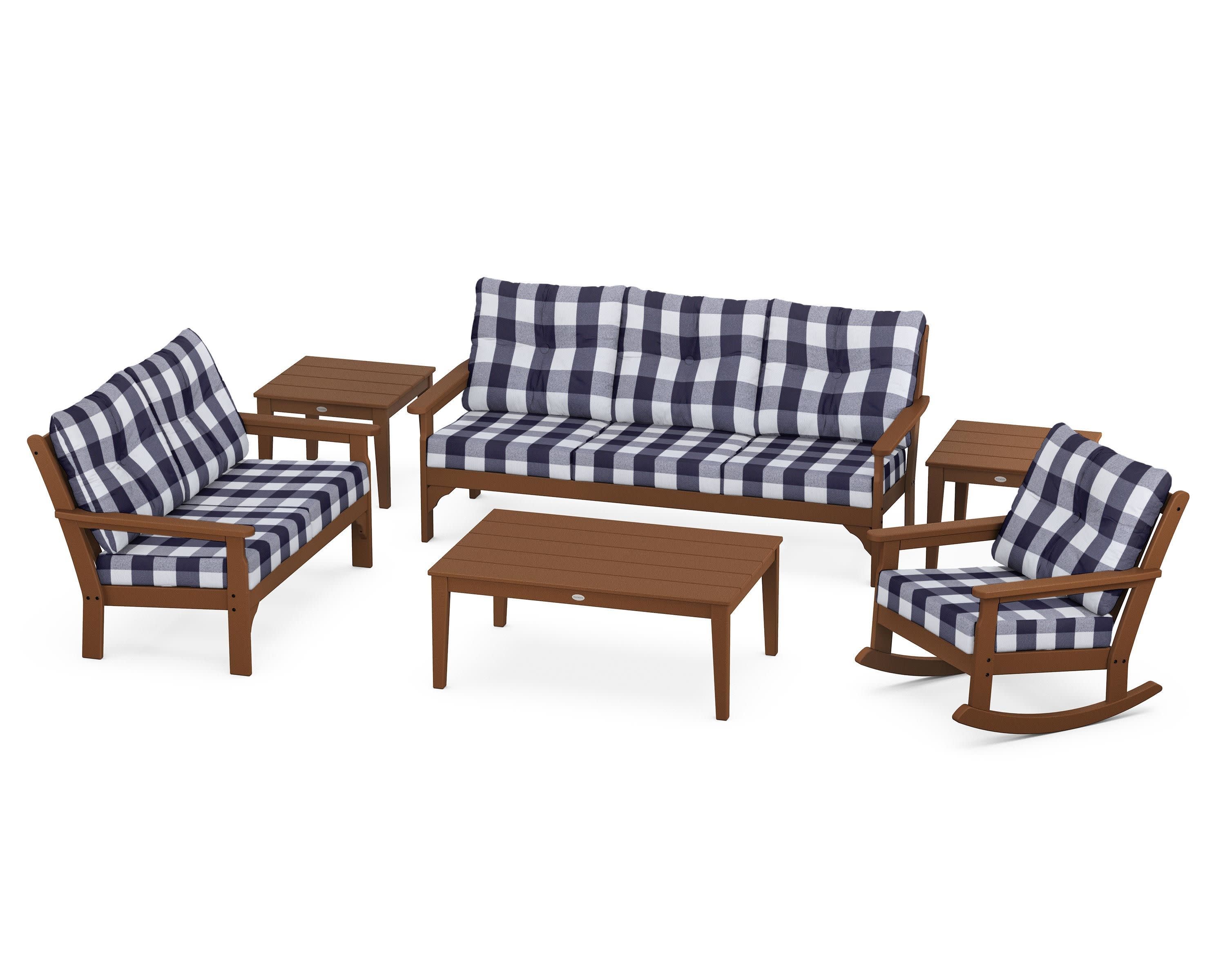 Vineyard 6-Piece Deep Seating Set in Teak / Buffalo Plaid Navy