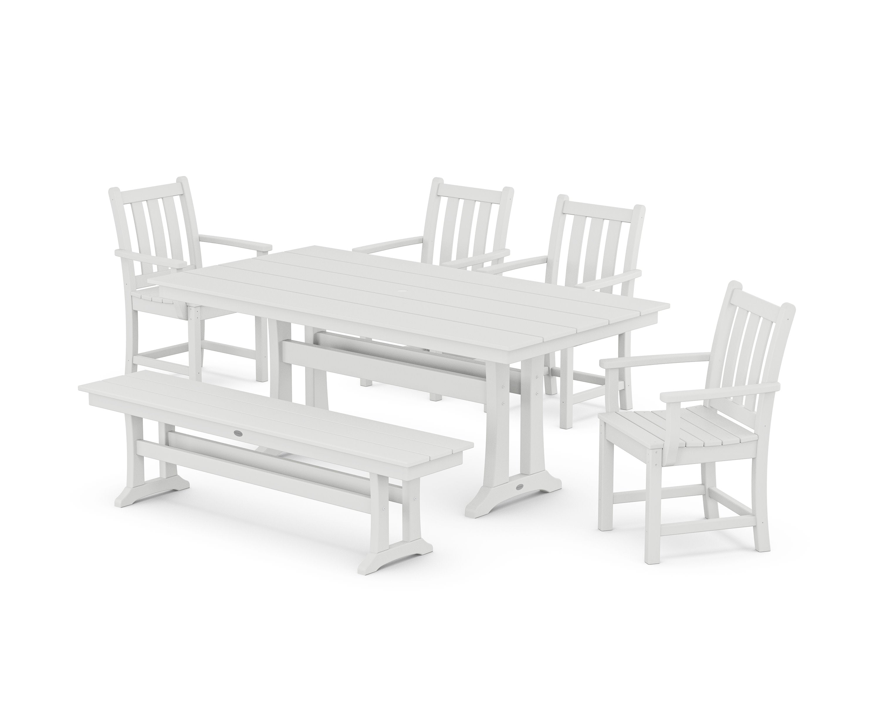 Traditional Garden Arm Chair 6-Piece Farmhouse Dining Set with Trestle Legs and Bench in White