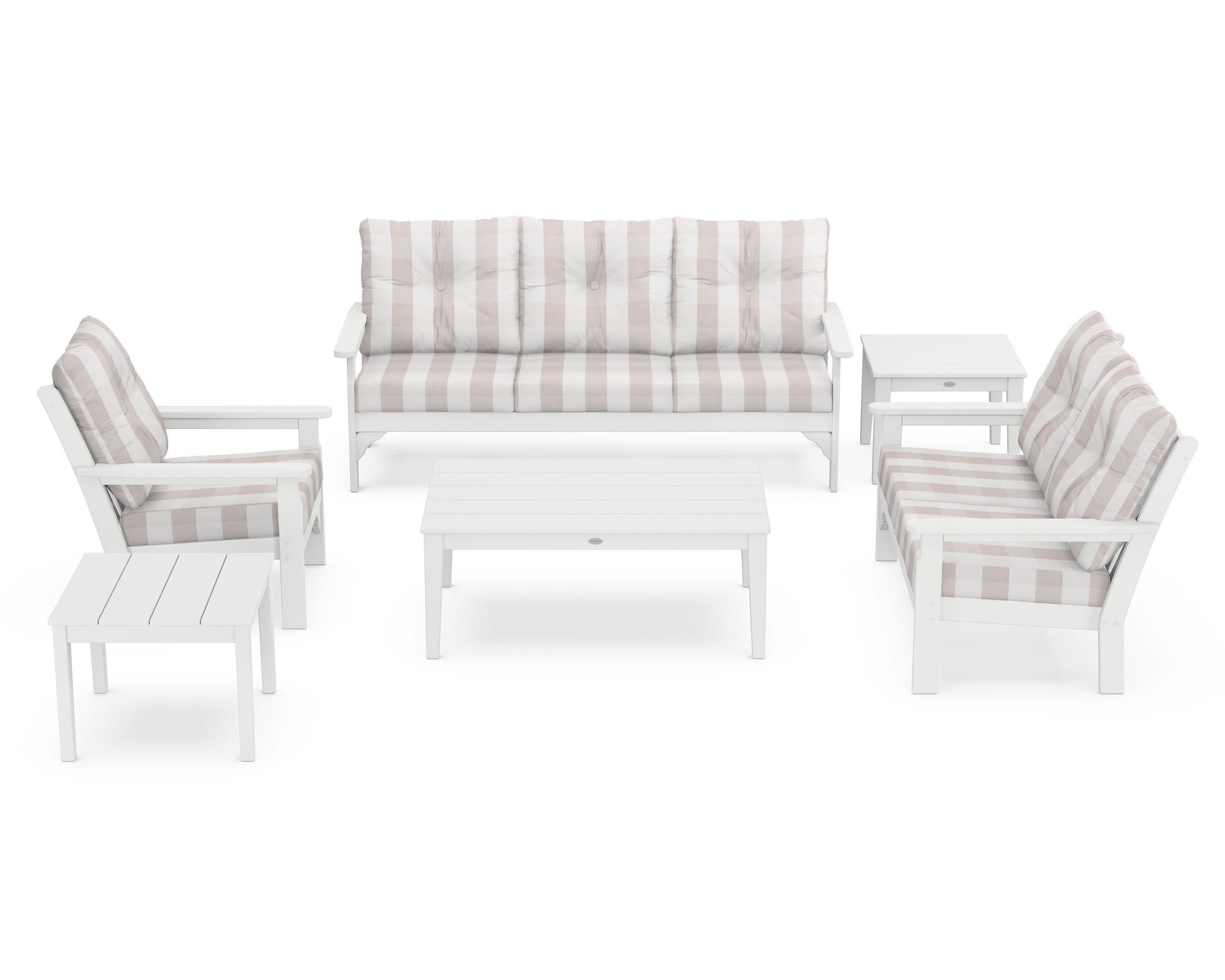Vineyard 6-Piece Deep Seating Set in White / Buffalo Plaid Dune Burlap