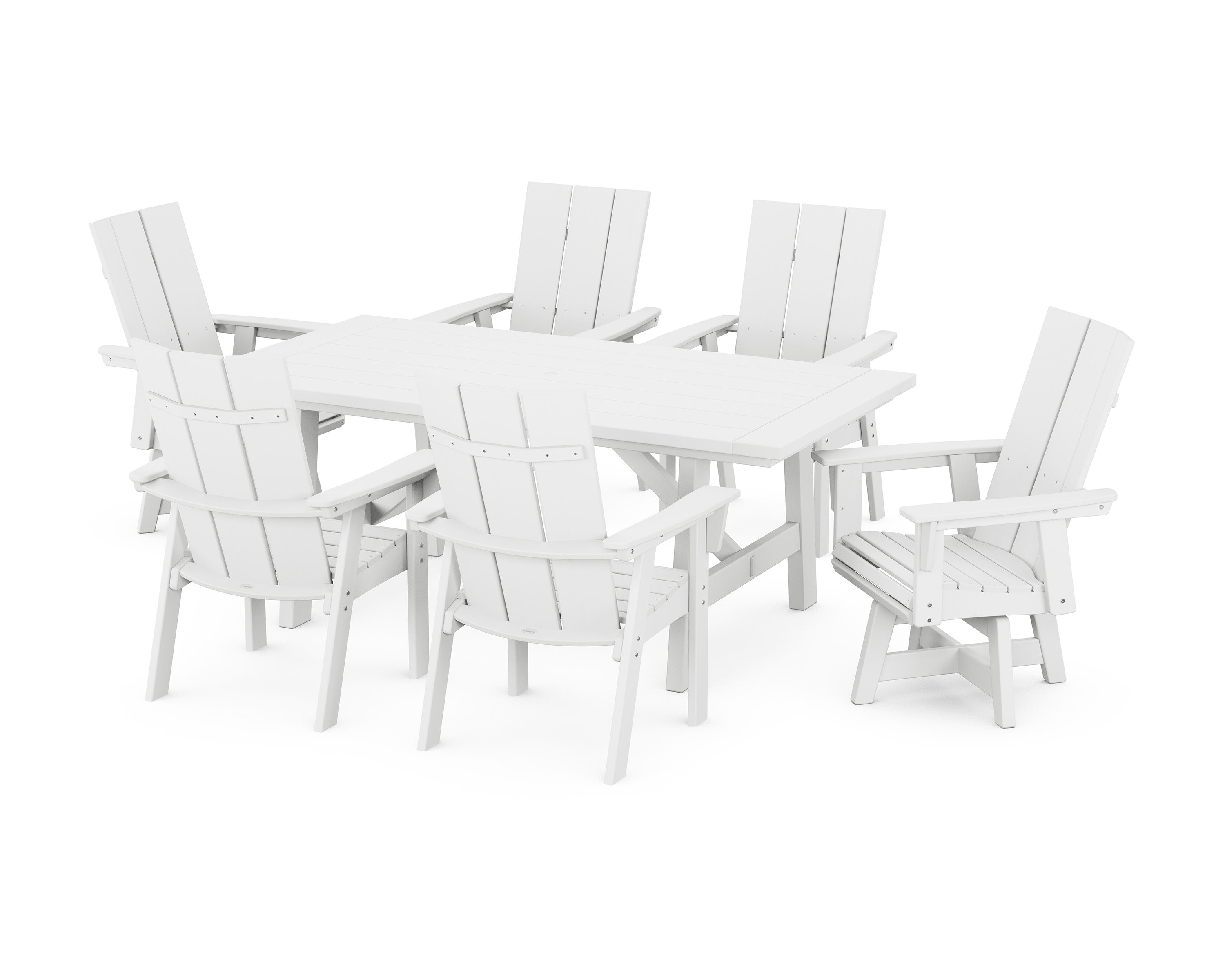 Modern Curveback Adirondack 7-Piece Rustic Farmhouse Swivel Dining Set in White