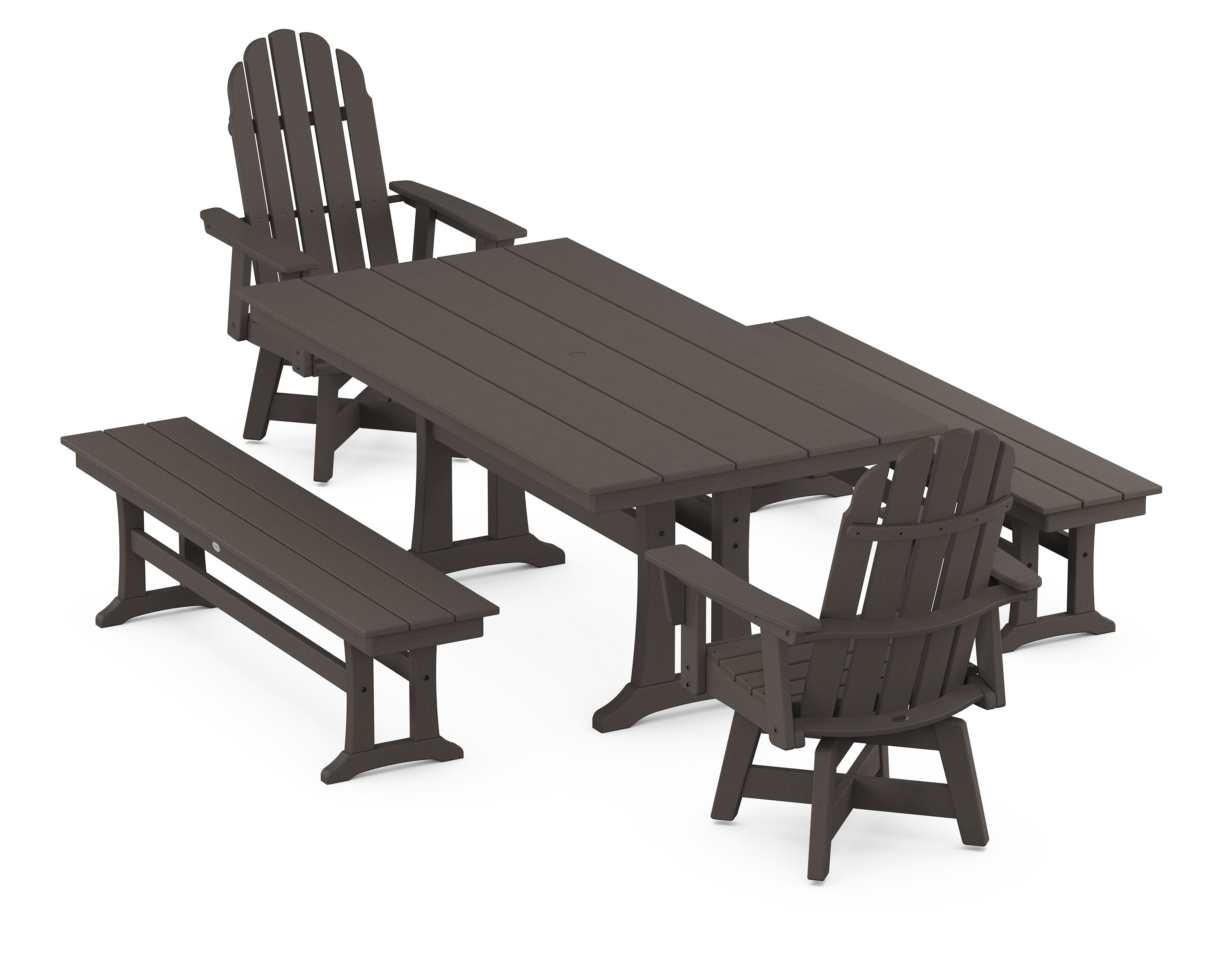 Vineyard Curveback Adirondack Swivel Chair 5-Piece Farmhouse Dining Set With Trestle Legs and Benches in Vintage Coffee