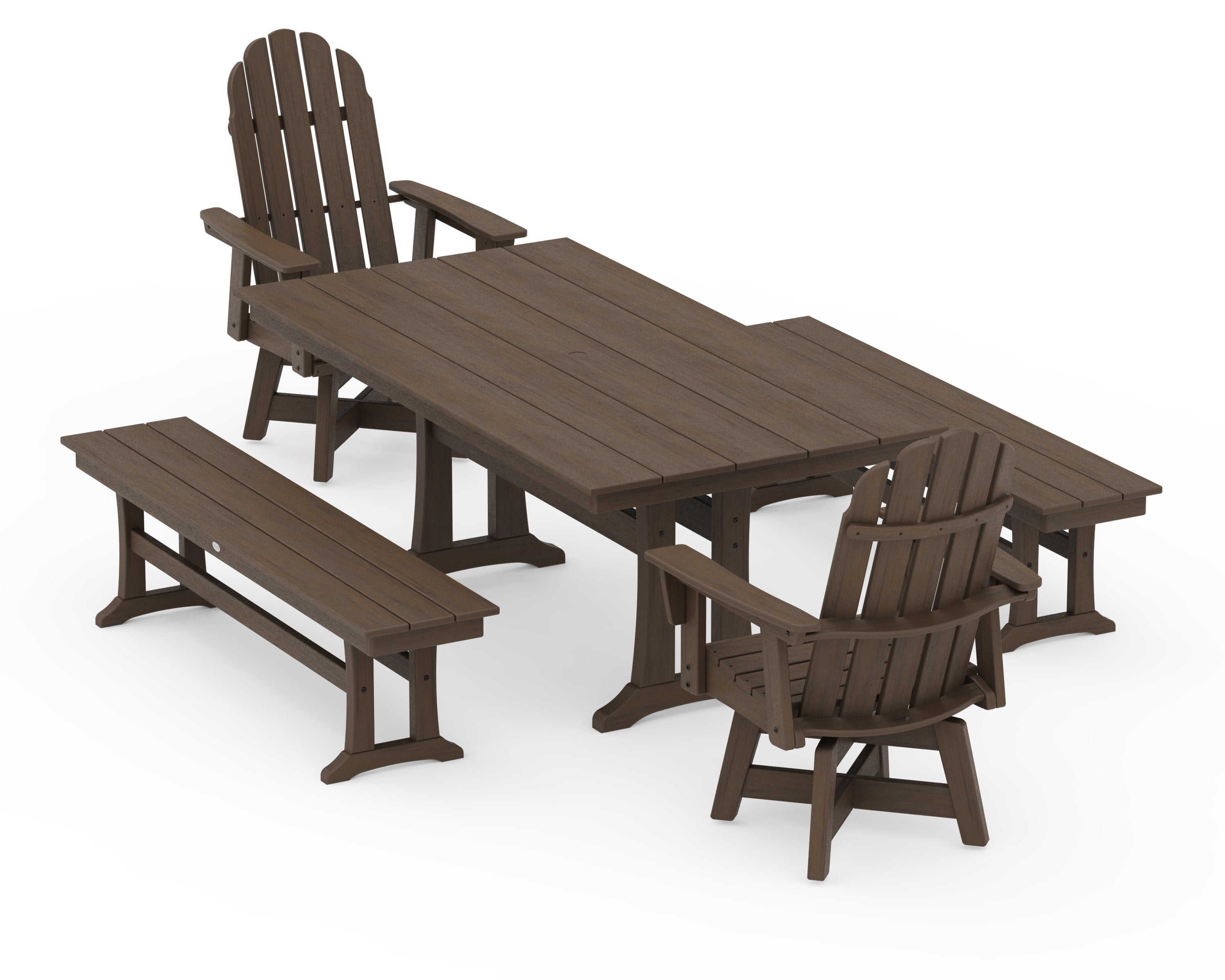 Vineyard Curveback Adirondack Swivel Chair 5-Piece Farmhouse Dining Set With Trestle Legs and Benches in Kona
