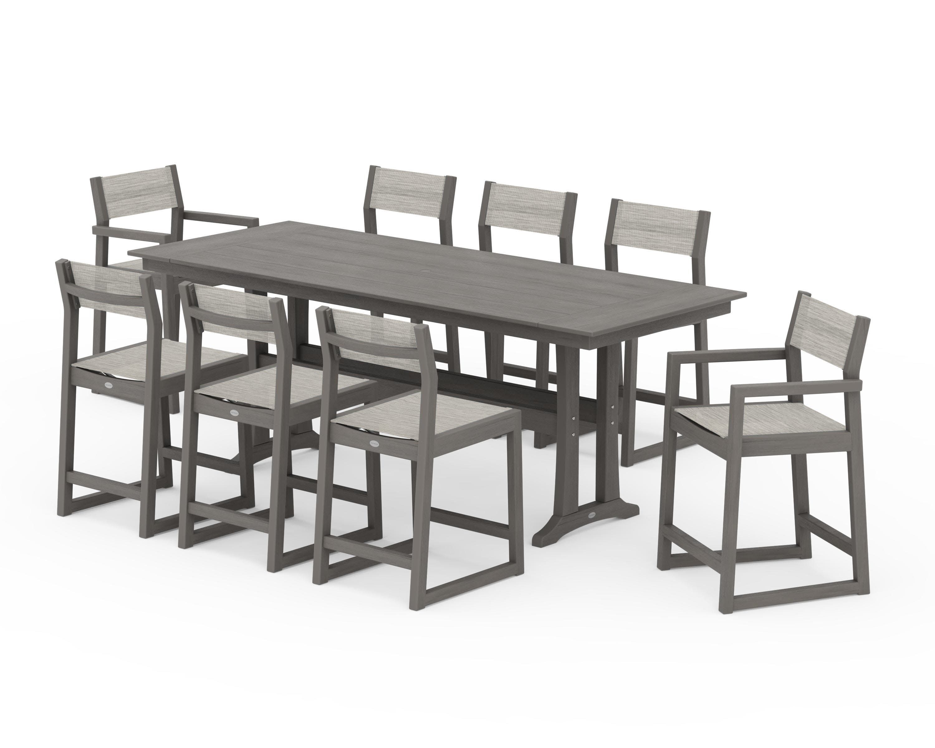 EDGE Sling 9-Piece Farmhouse Counter Set with Trestle Legs in Driftwood / Birch Sling
