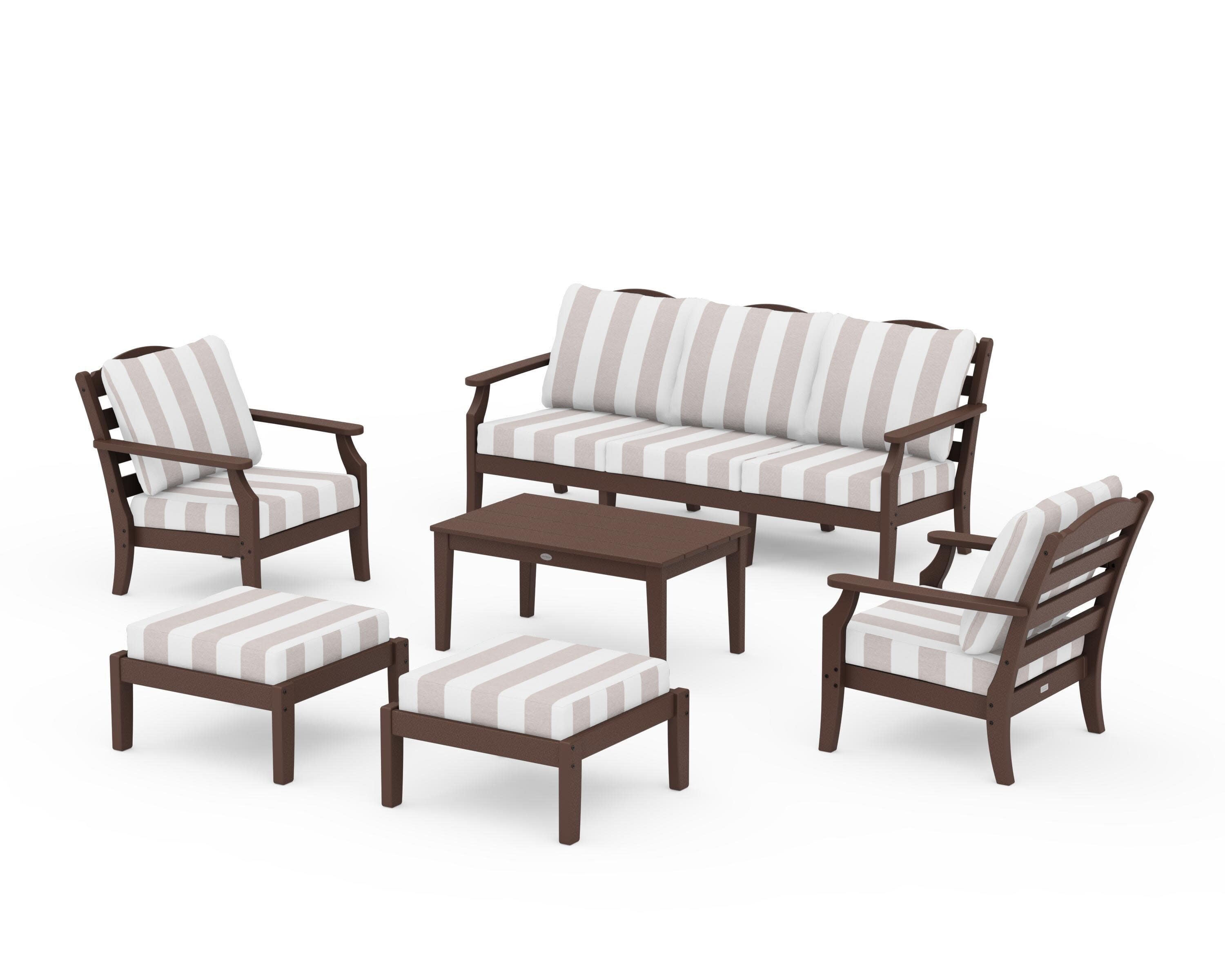Savannah 6-Piece Lounge Sofa Set in Mahogany / Cabana Stripe Dune Burlap