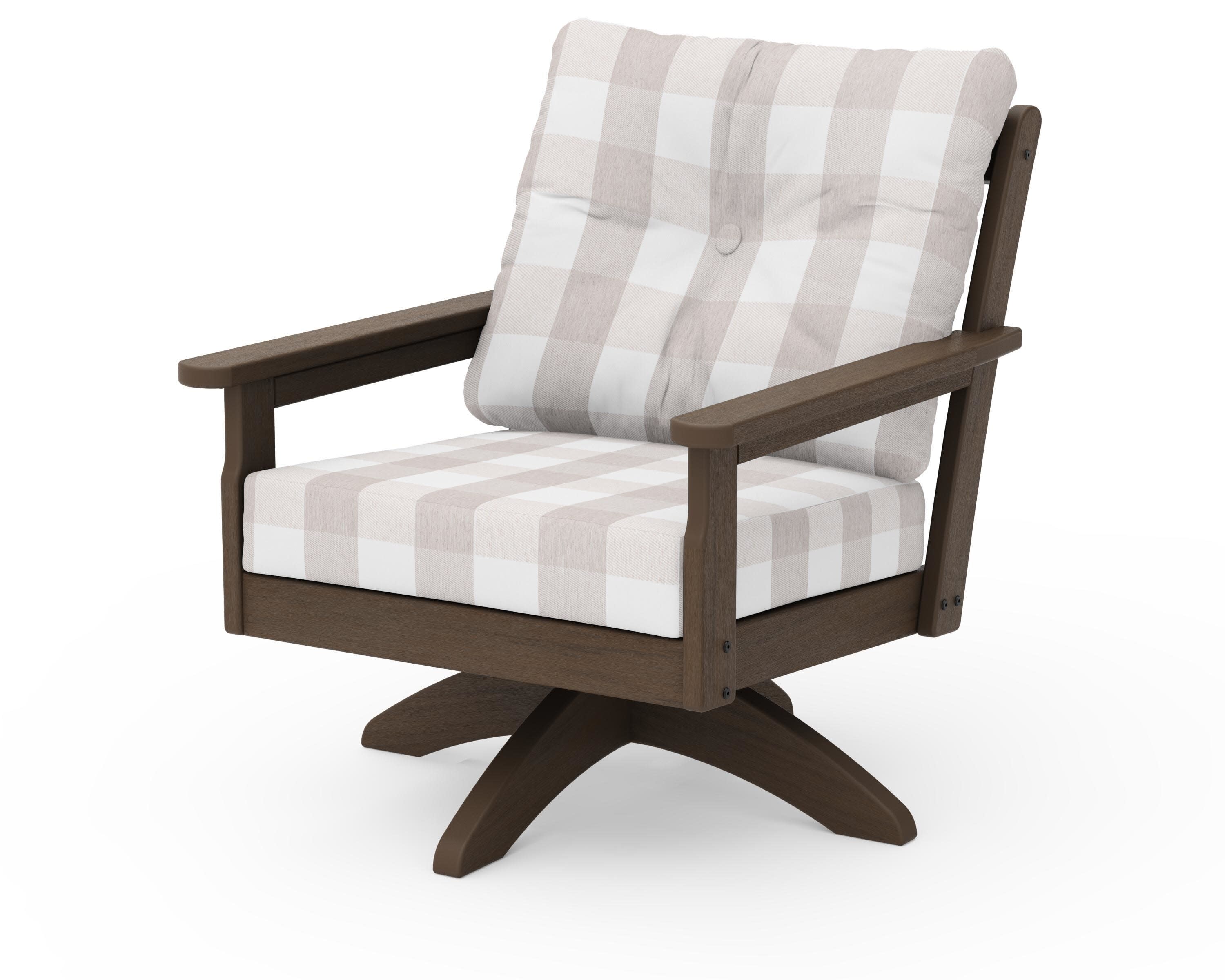Vineyard Deep Seating Swivel Chair in Kona / Buffalo Plaid Dune Burlap
