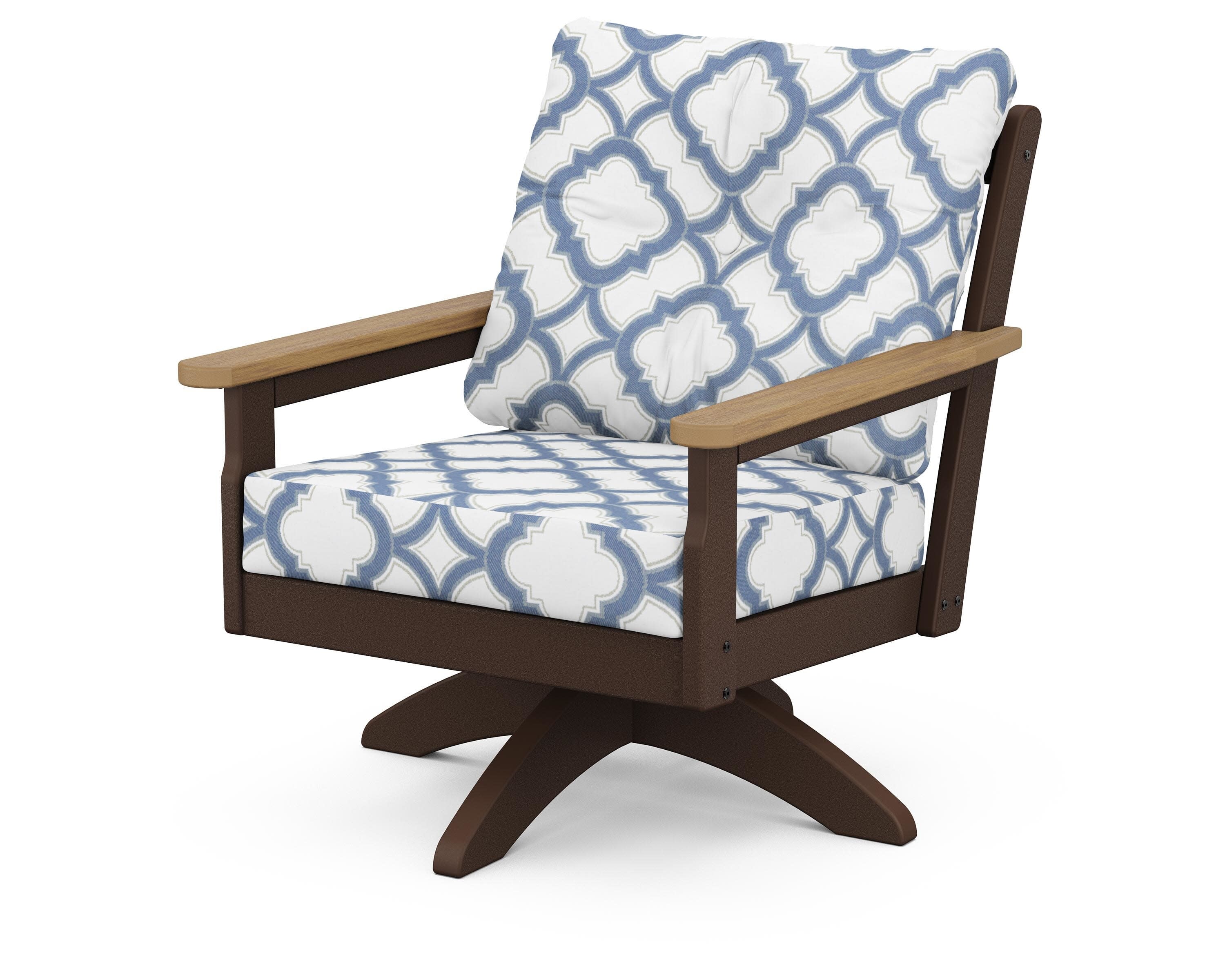 Vineyard Deep Seating Swivel Chair in Mahogany / Natural / Trellis Sky Blue