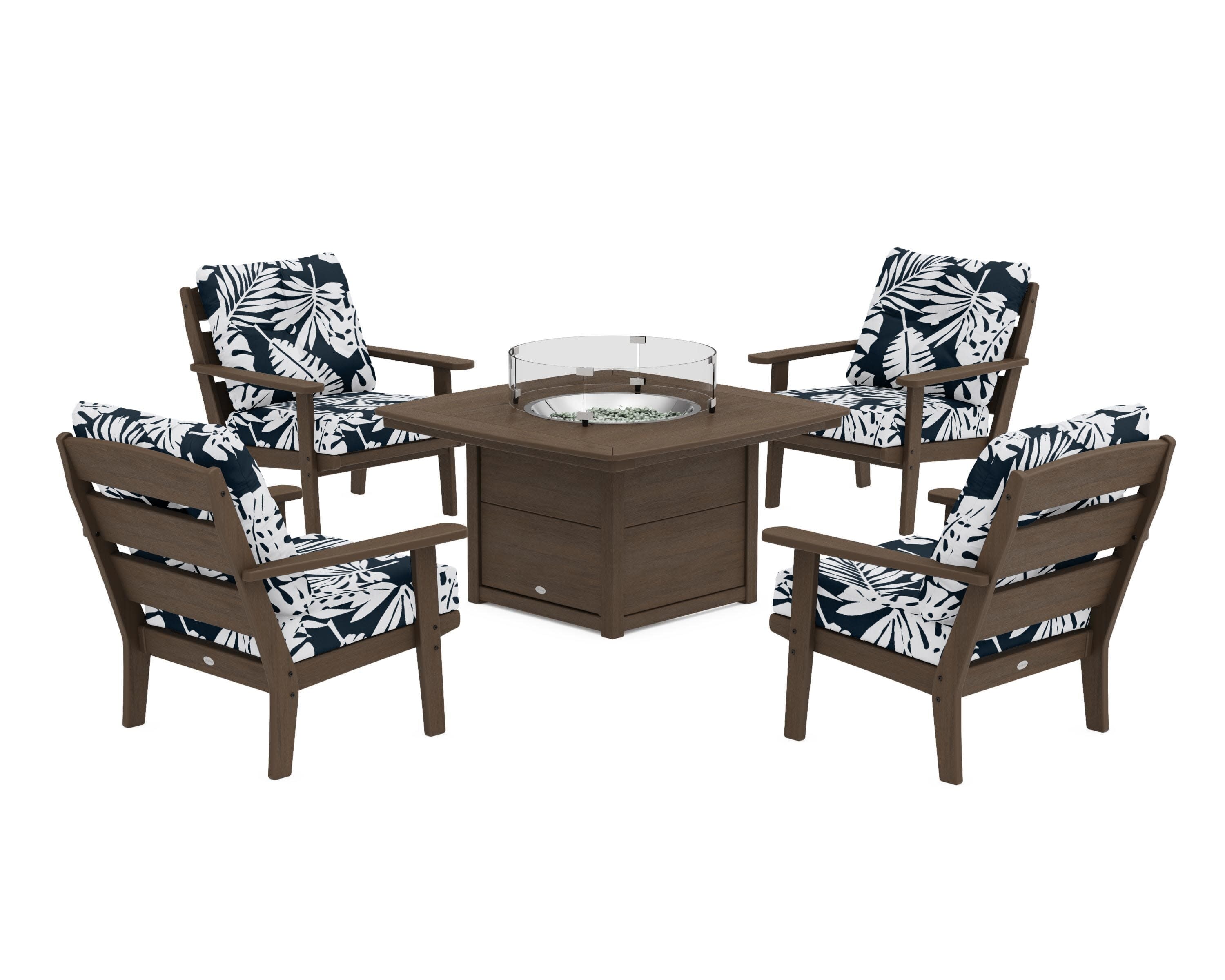Lakeside 5-Piece Deep Seating Set with Nautical Fire Pit Table in Kona / Leaf Marine Indigo