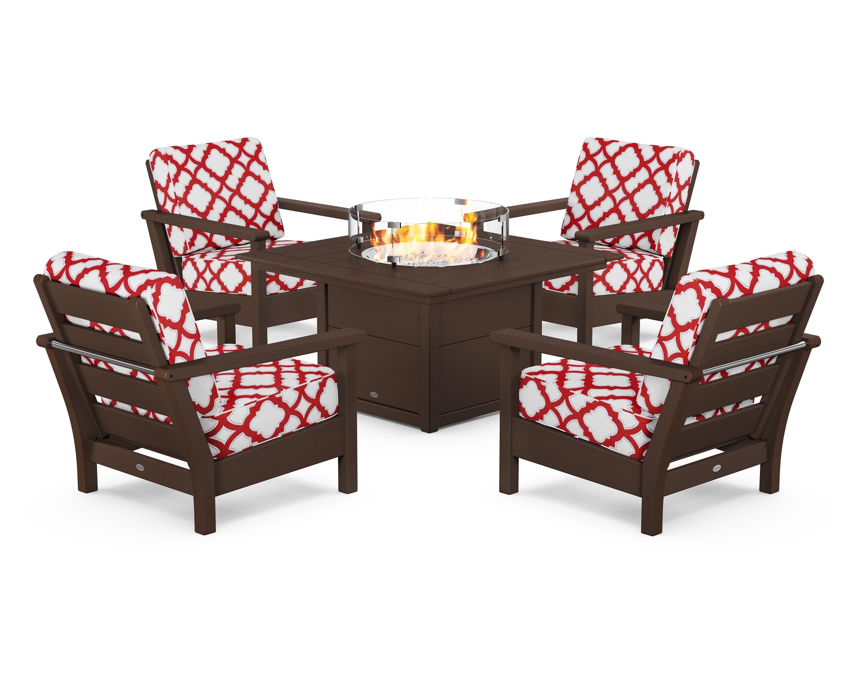 Harbour 5-Piece Conversation Set with Fire Pit Table in Mahogany / Trellis Crimson