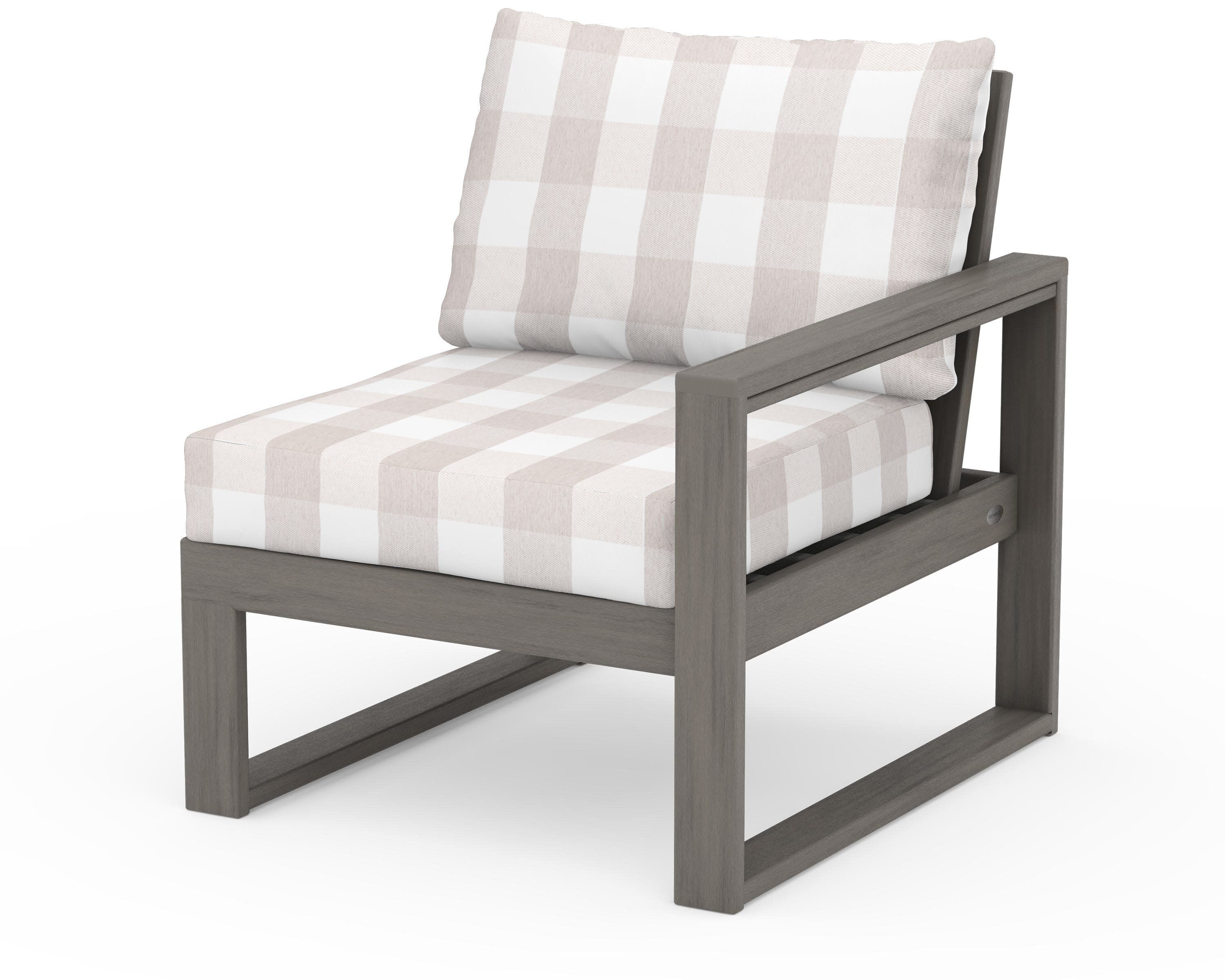 EDGE Modular Right Arm Chair in Driftwood / Buffalo Plaid Dune Burlap