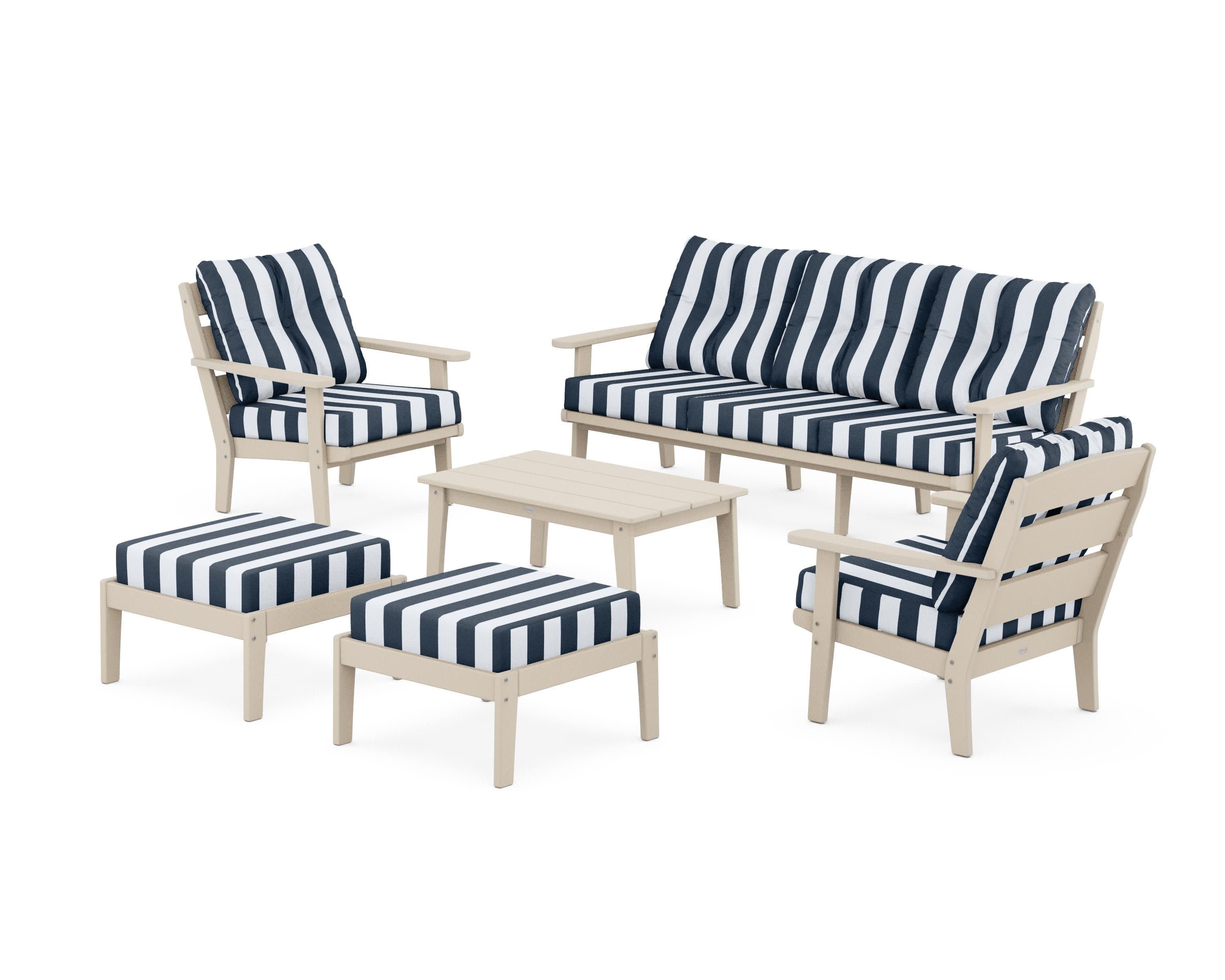 Lakeside 6-Piece Lounge Sofa Set in Sand / Cabana Stripe Marine Indigo