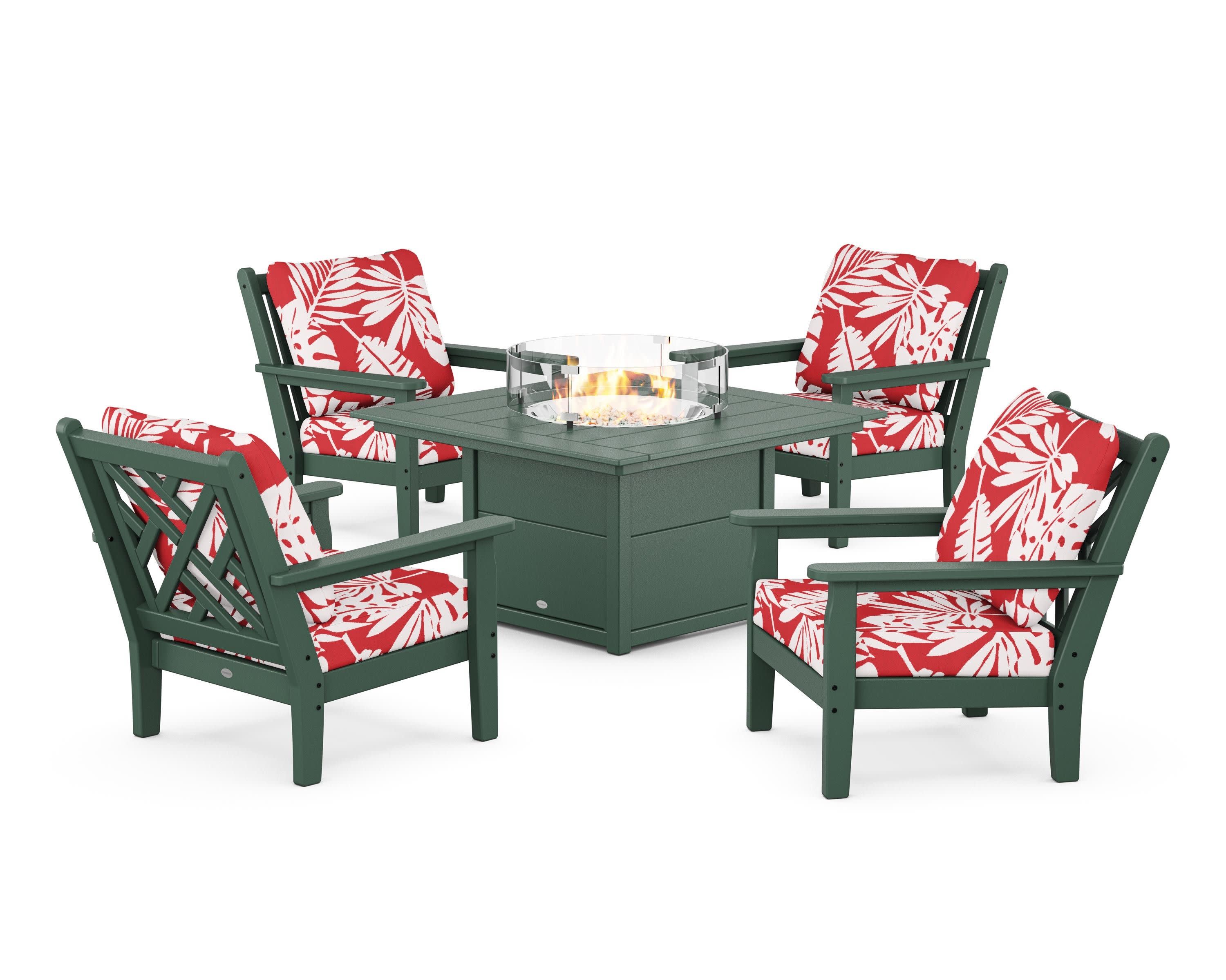 Chippendale 5-Piece Deep Seating Set with Fire Pit Table in Green / Leaf Crimson