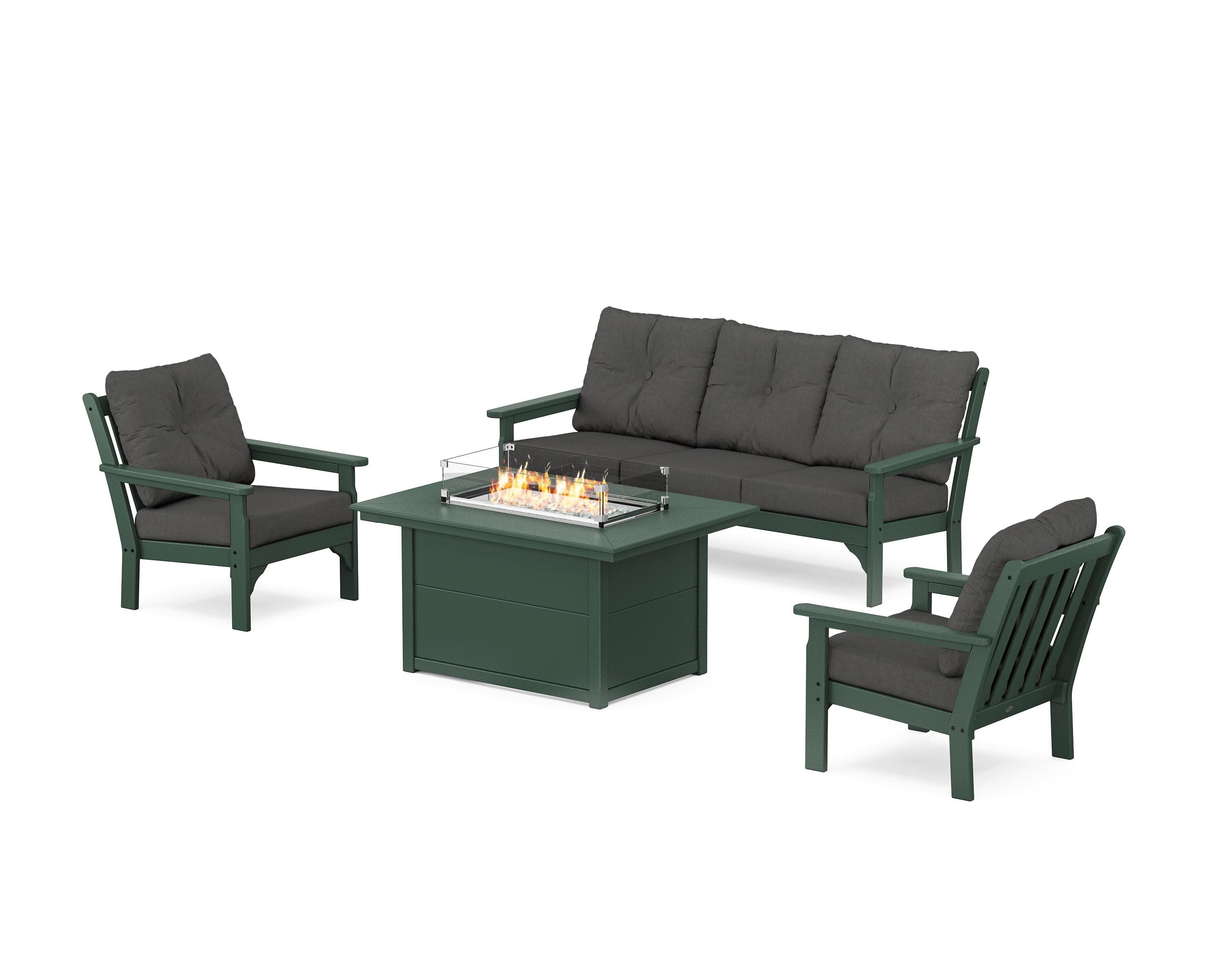 Vineyard Deep Seating Fire Pit Table Set in Green / Spectrum Carbon