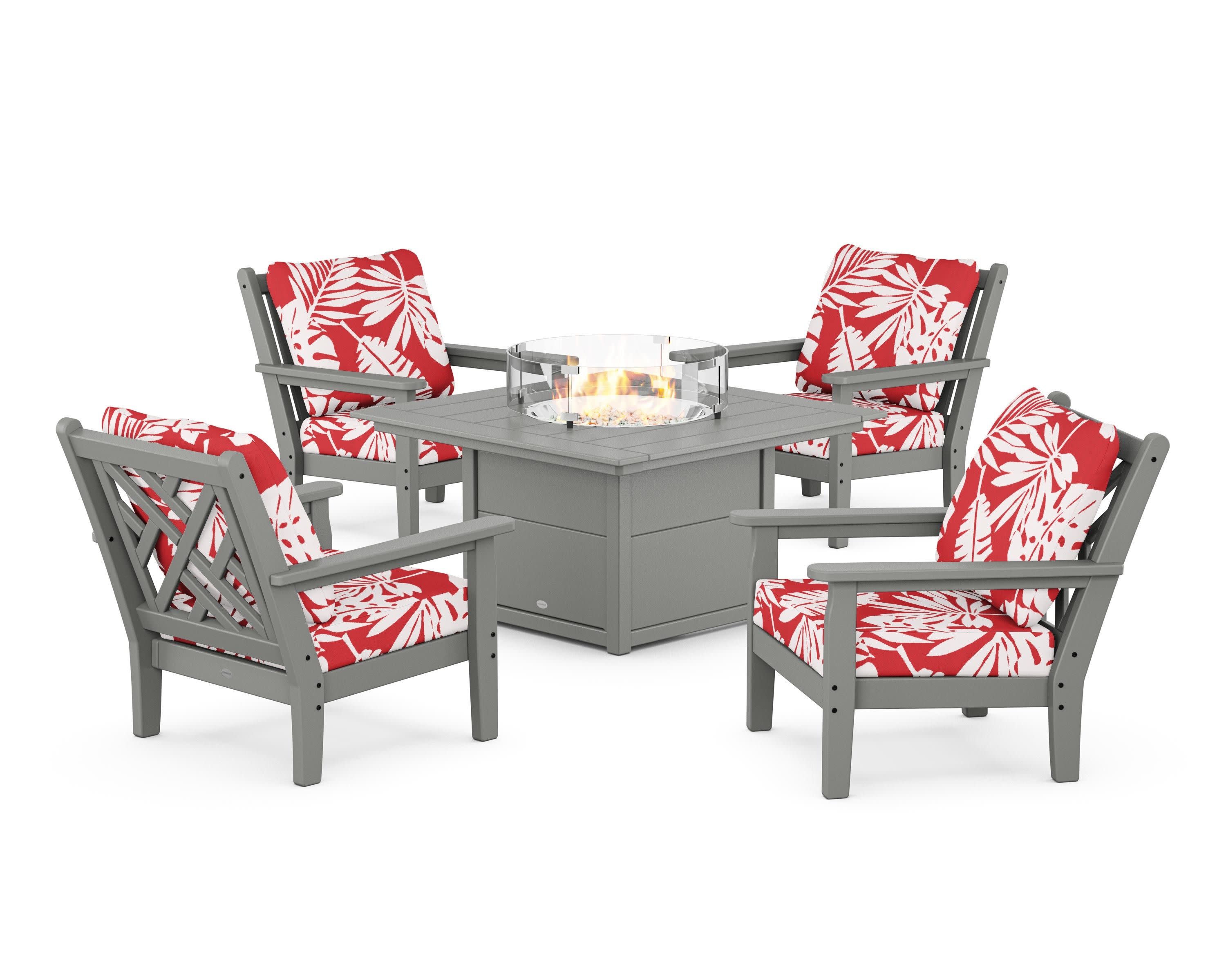 Chippendale 5-Piece Deep Seating Set with Fire Pit Table in Slate Grey / Leaf Crimson